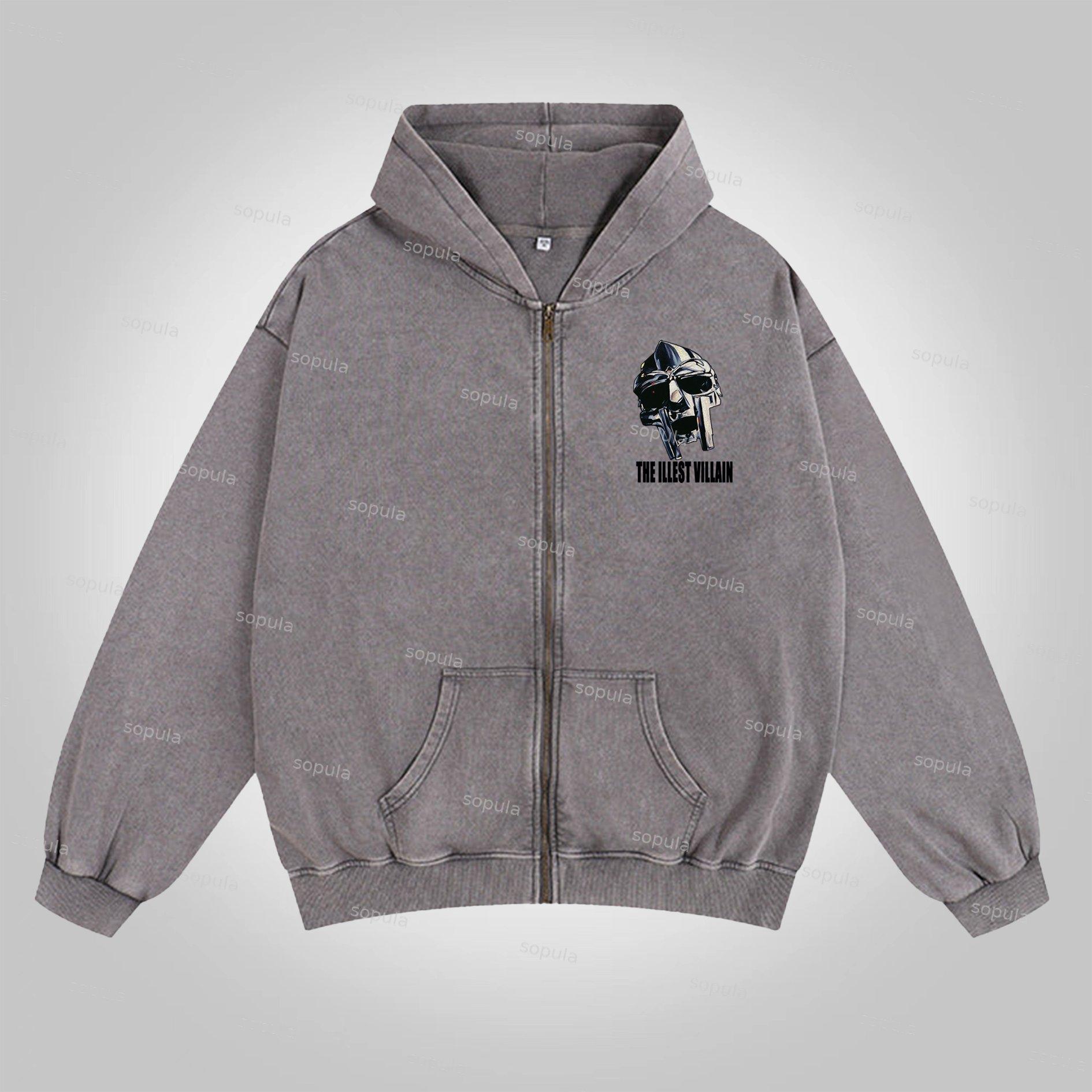 Sopula Vintage The Illest Villain Mf Doom Graphic Washed Zip-Up Hoodie Product Image