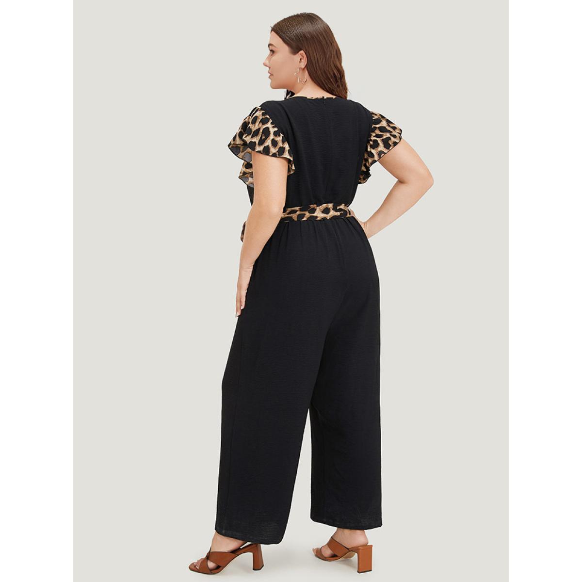 Plus Size DarkBlue Leopard Patchwork Pocket Belted Ruffle Sleeve Jumpsuit Women Office Sleeveless Round Neck Office Loose Jumpsuits BloomChic 30/6X Product Image