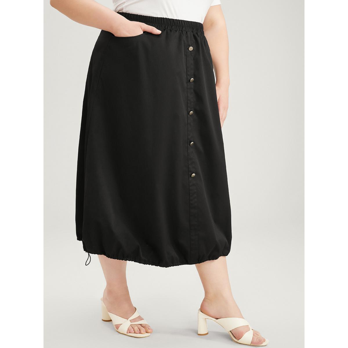 Plus Size Solid Pocket Button Detail Drawstring Hem Skirt Women Black Elegant Drawstring No stretch Pocket Dailywear Skirts BloomChic 14-16/1X Product Image