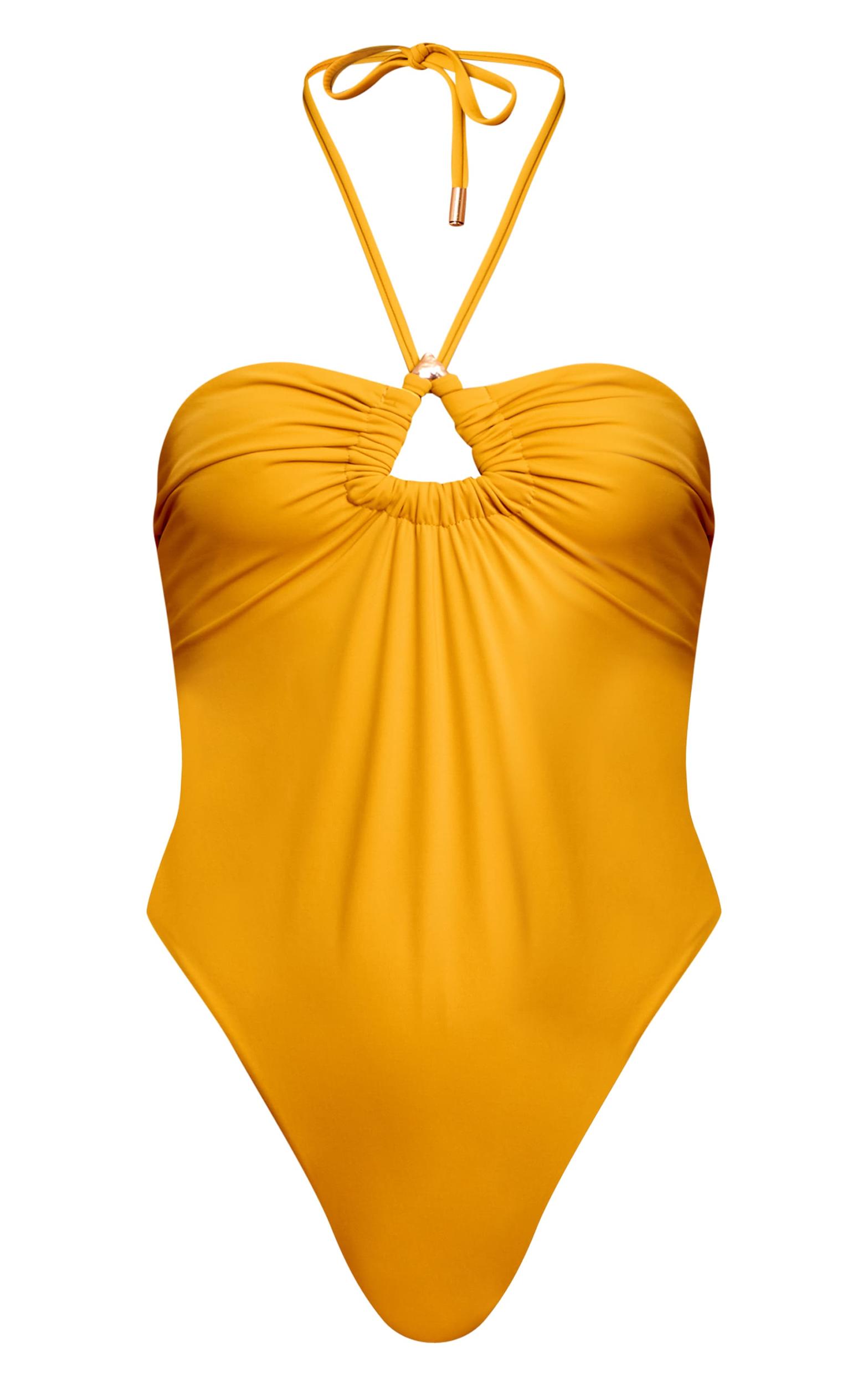 Mustard Triangle Trim Halter Neck Swimsuit Product Image