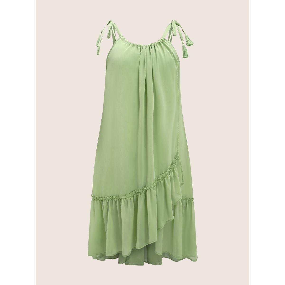 Plus Size Solid Ruffles Tie Knot Tassel Trim Mesh Dress Palemauve Women Resort Tie knot Non Sleeveless Curvy BloomChic 10/M Product Image