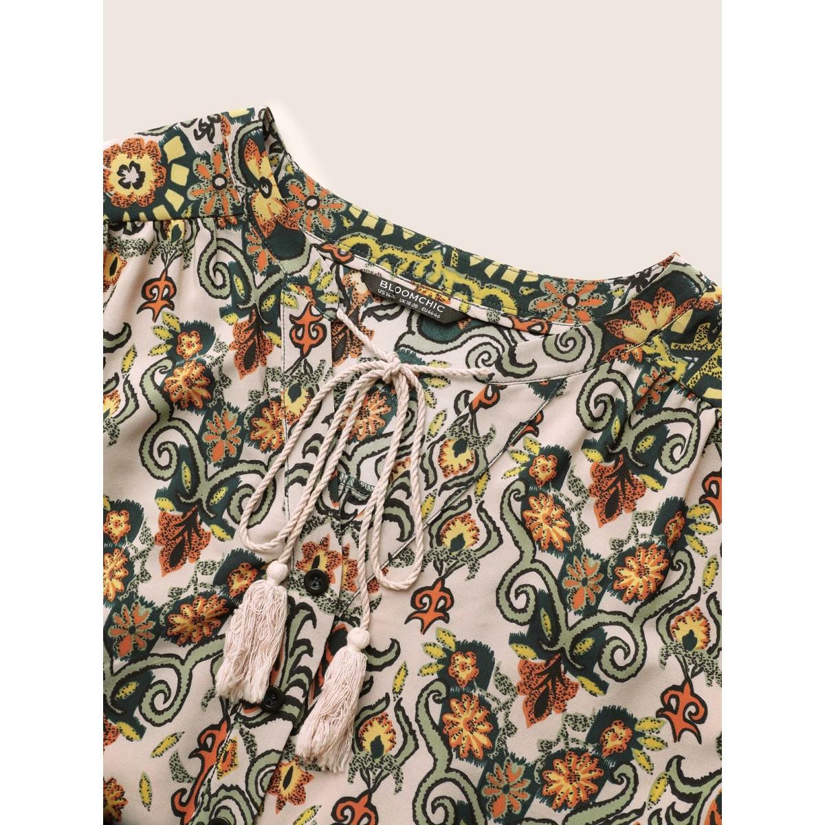 Plus Size Bandana Print Tassels Ties Shirred Cuffs Dress DarkGreen Women Vacation Tassels Tie Neck Long Sleeve Curvy Midi Dress BloomChic 22-24/3X Product Image