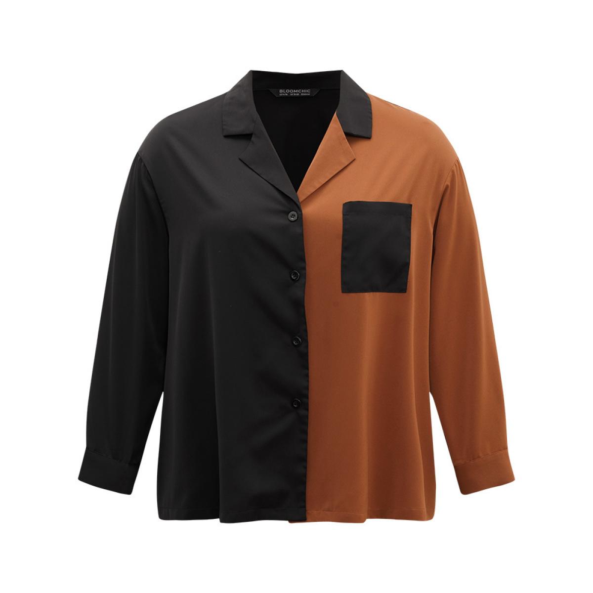 Plus Size Black Anti-Wrinkle Two Tone Patched Pocket Blouse Women Work From Home Long Sleeve Shirt collar Work Blouses BloomChic 14-16/1X Product Image