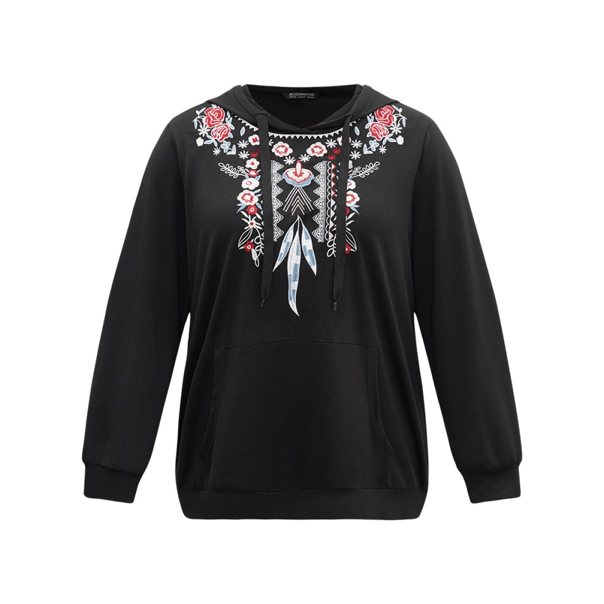Plus Size Boho Embroidered Pocket Hooded Drawstring Sweatshirt Women Black Casual Embroidered Hooded Dailywear Sweatshirts BloomChic 14-16/1X Product Image
