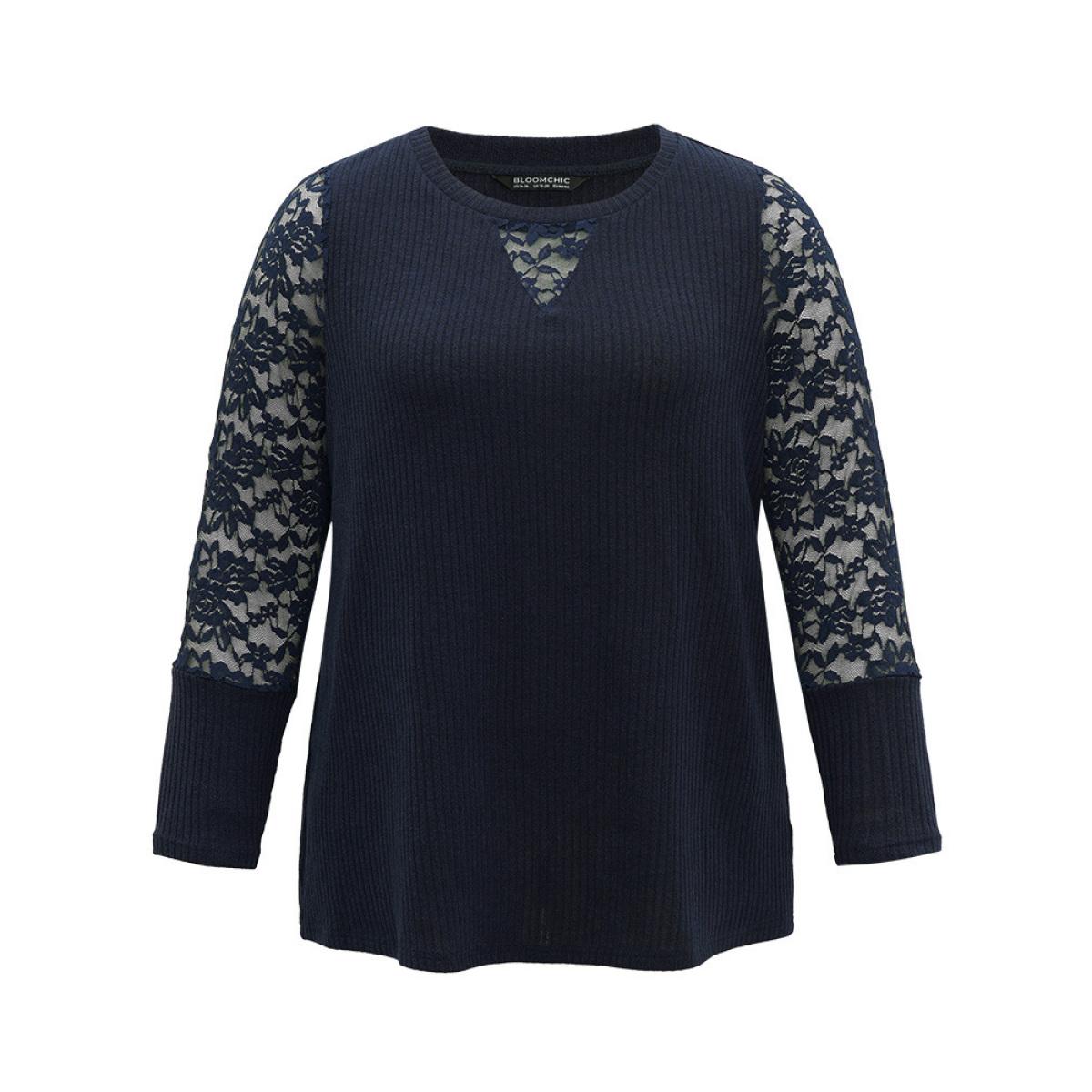 Plus Size Crochet Lace Mesh Crew Neck Sweatshirt Indigo Women Elegant Plain Plain Round Neck Dailywear T-shirts BloomChic 10/M Product Image