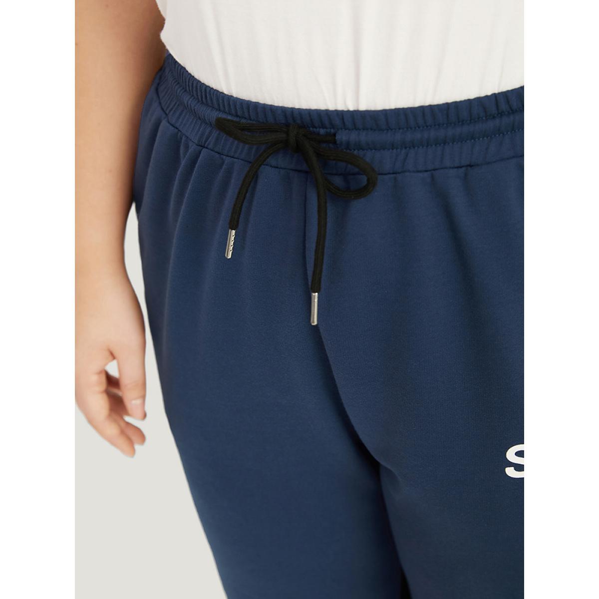 Letter Print Drawstring High Rise Sweatpants Black Plus Size Women Casual Dailywear Contrast 28/5X Bloomchic Product Image
