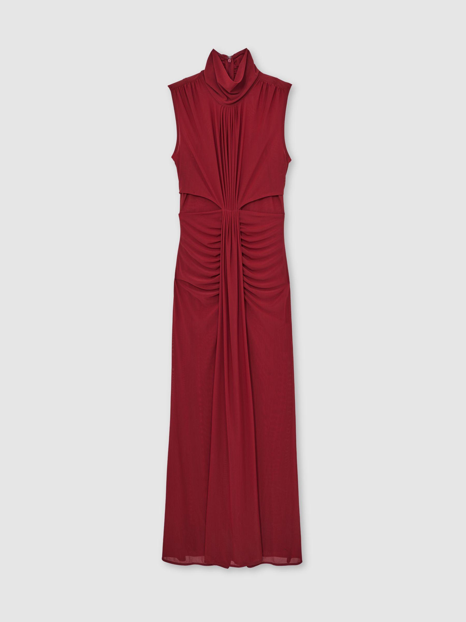 Sheer Ruched Maxi Dress in Dark Red Product Image