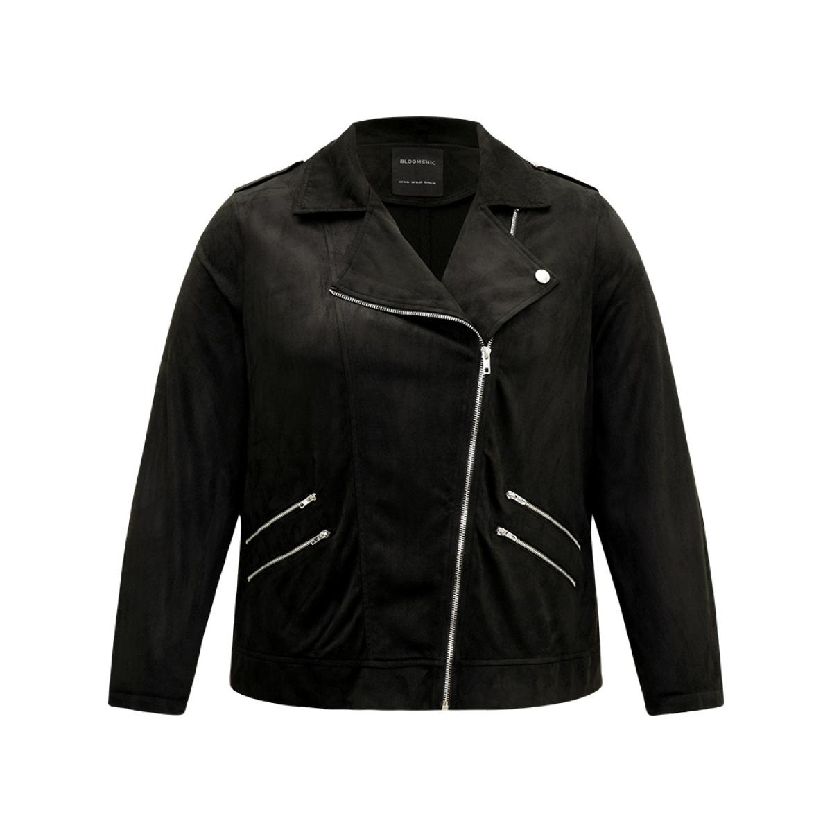 Plus Size Solid Lapel Collar Zipper Metal Detail Jacket Women Black Plain Dailywear Jackets BloomChic 22-24/3X Product Image