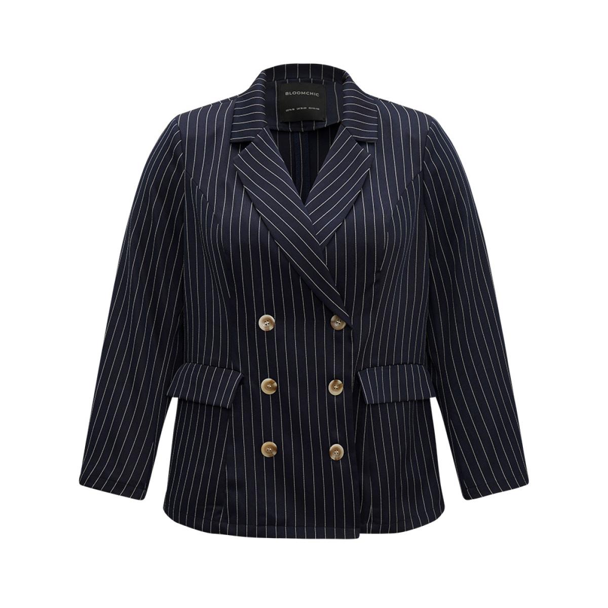 Plus Size Suit Collar Striped Double Breasted Blazer Blue Women Office Striped Button Sleeve Long Sleeve Suit Collar 30/6X Pocket Office Blazers BloomChic Product Image