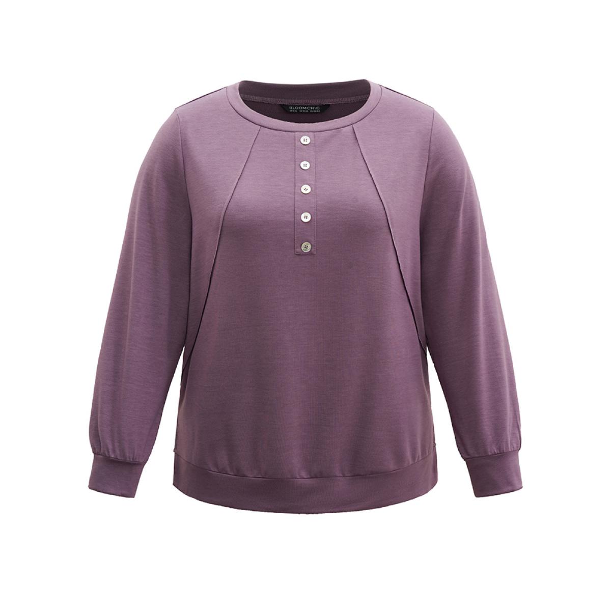 Plus Size Plain Button Detail Round Neck Knit Sweatshirt Women Mauve Casual Plain Round Neck Everyday Sweatshirts BloomChic 10/M Product Image