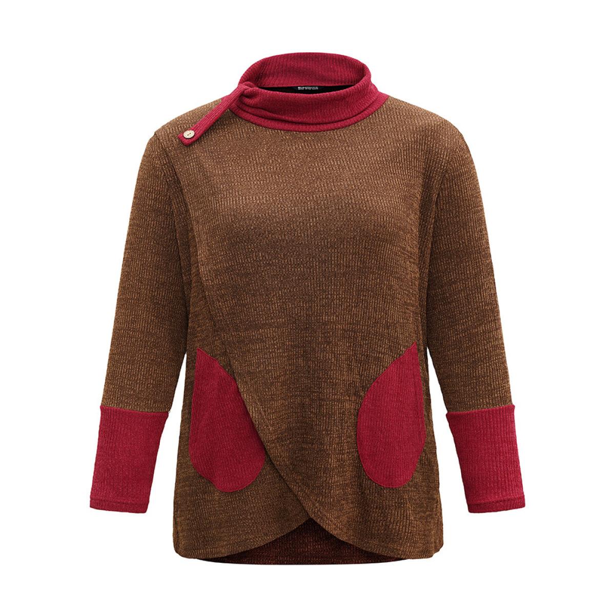 Plus Size Rib Knit Contrast Funnel Neck Patched Pocket Sweatshirt Women DarkBrown Casual Rib Knit Turtleneck Dailywear Sweatshirts BloomChic 12/L Product Image