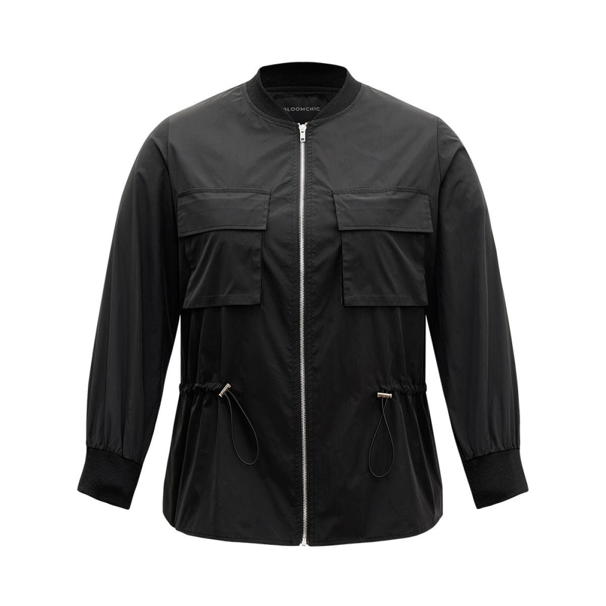 Plus Size Wind-Resistant Zipper Fly Drawstring Jacket Women Black Plain Pocket Dailywear Jackets BloomChic 12/L Product Image