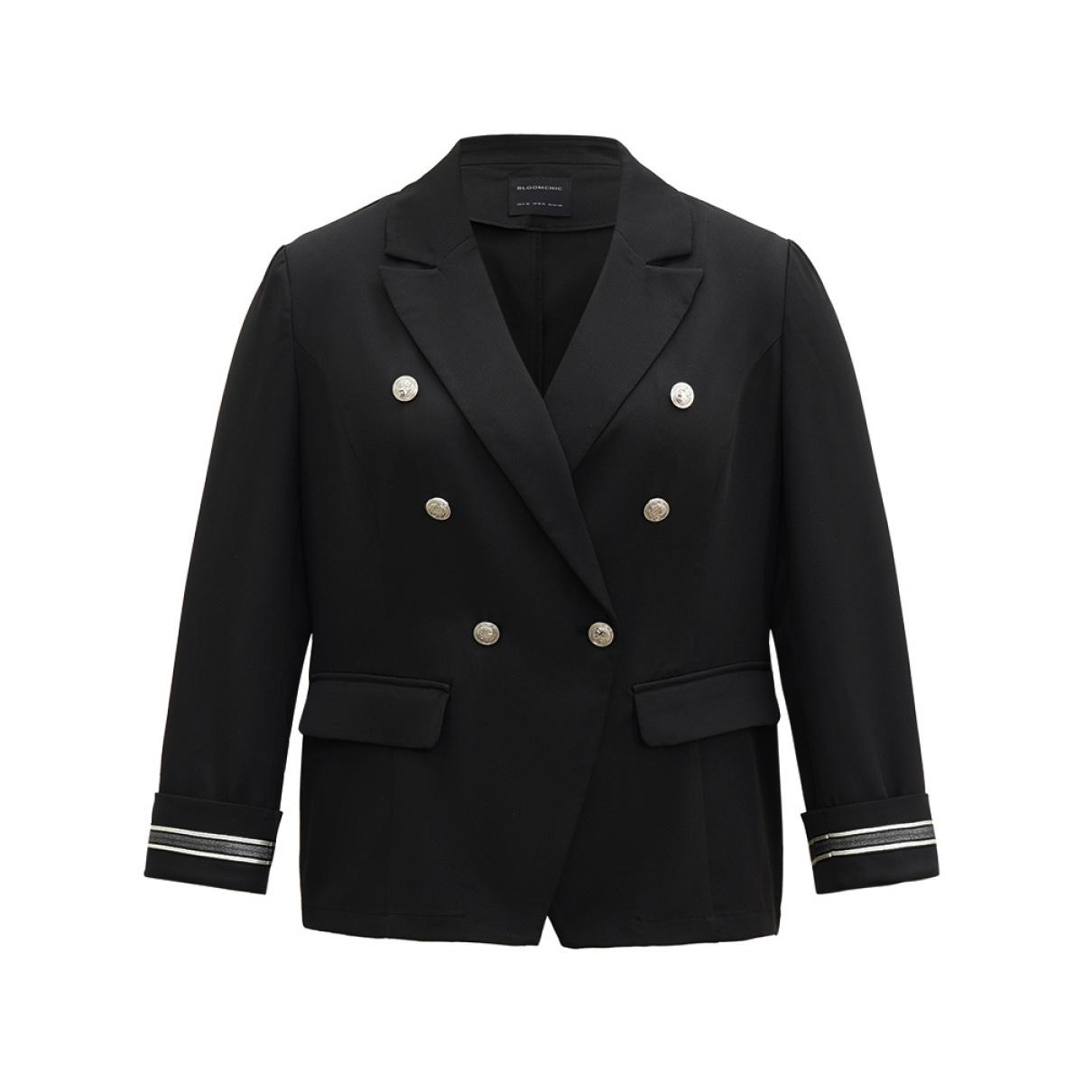 Plus Size Suit Collar Metal Detail Patchwork Blazer Black Women Office Plain Patchwork Sleeve Long Sleeve Suit Collar 26/4X Office Blazers BloomChic Product Image