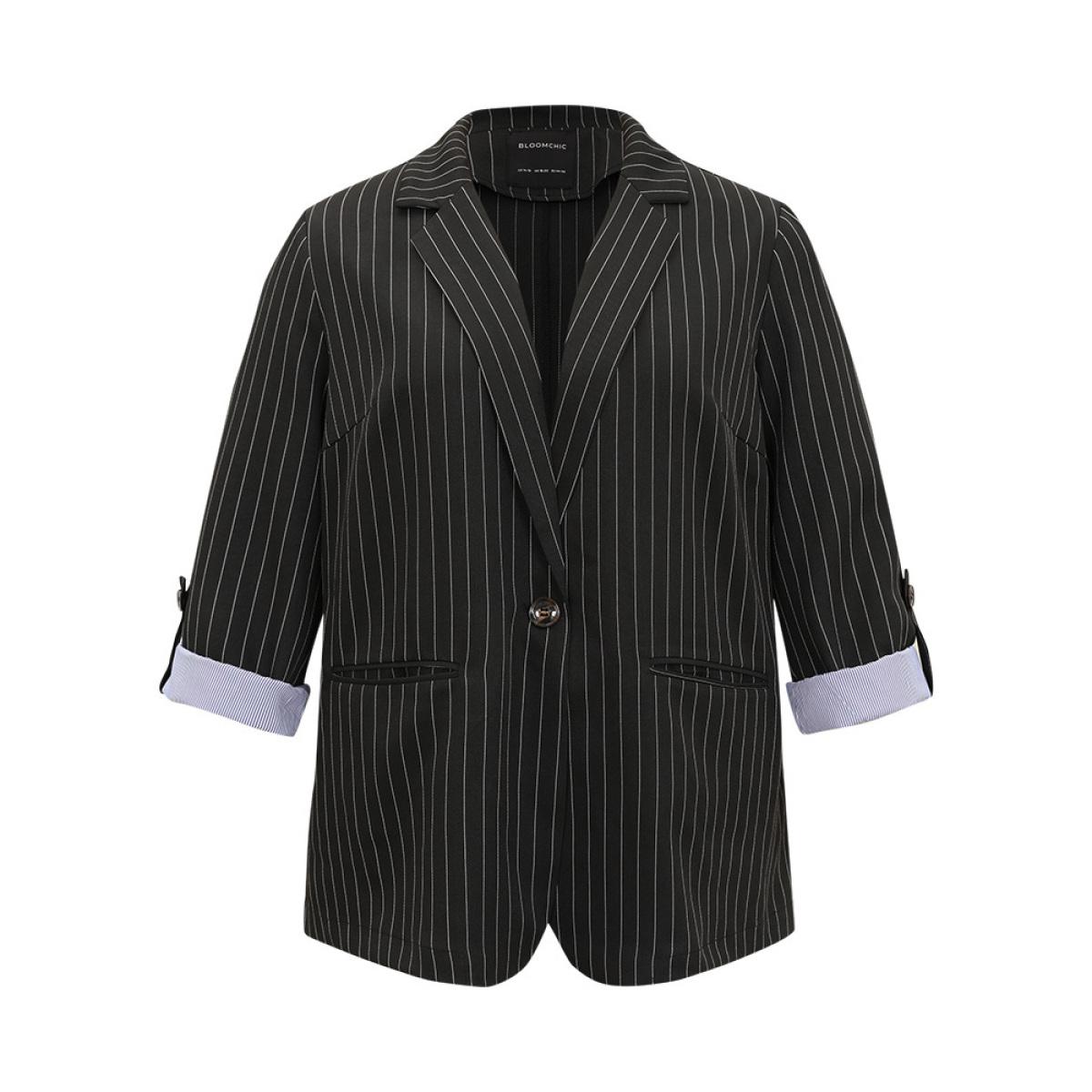 Plus Size Suit Collar Striped Contrast Blazer Black Women Dailywear Striped Contrast Sleeve Long Sleeve Suit Collar 10/M Pocket Casual Blazers BloomChic Product Image