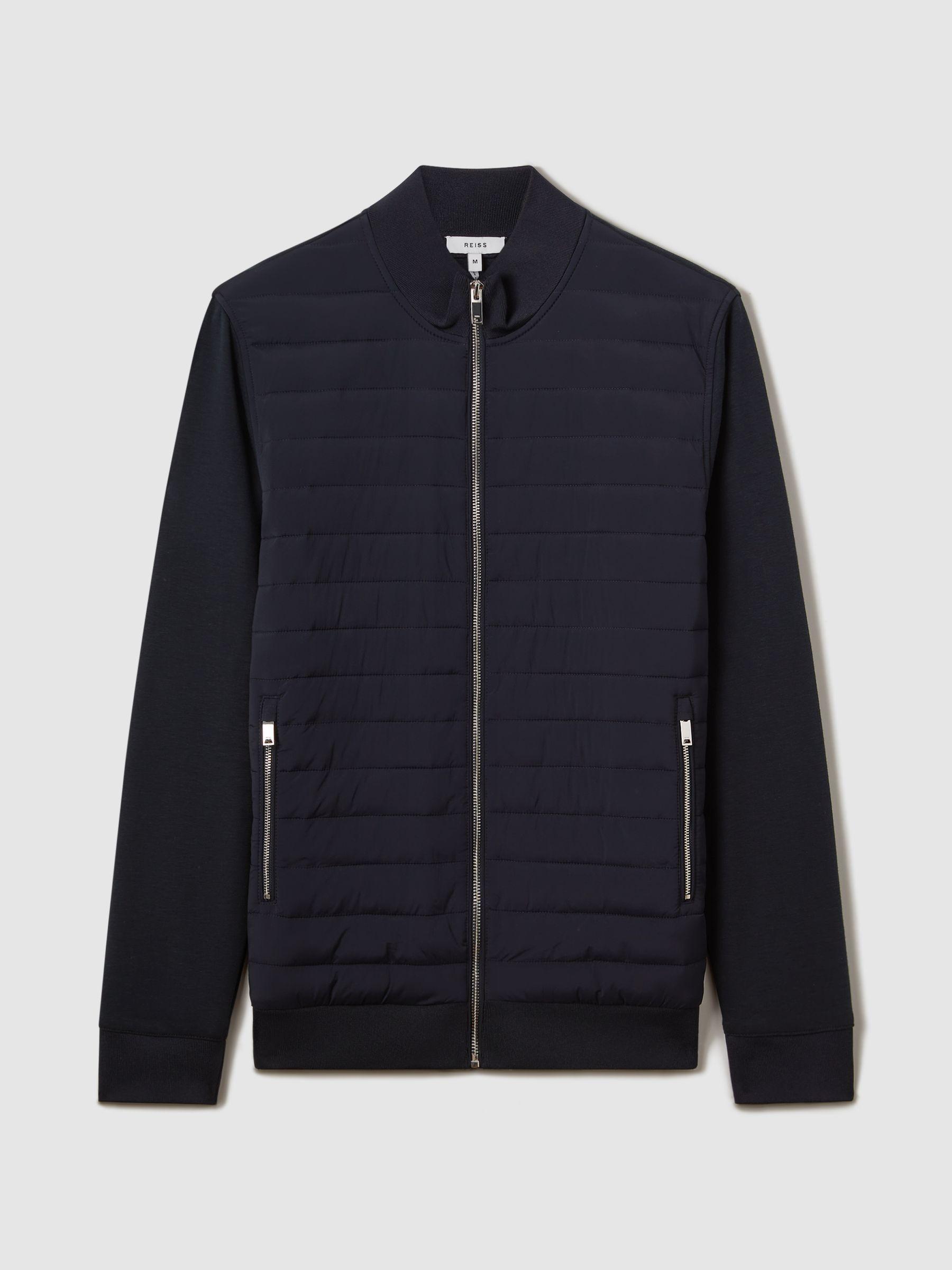 Hybrid Quilt and Knit Zip-Through Jacket in Navy Product Image