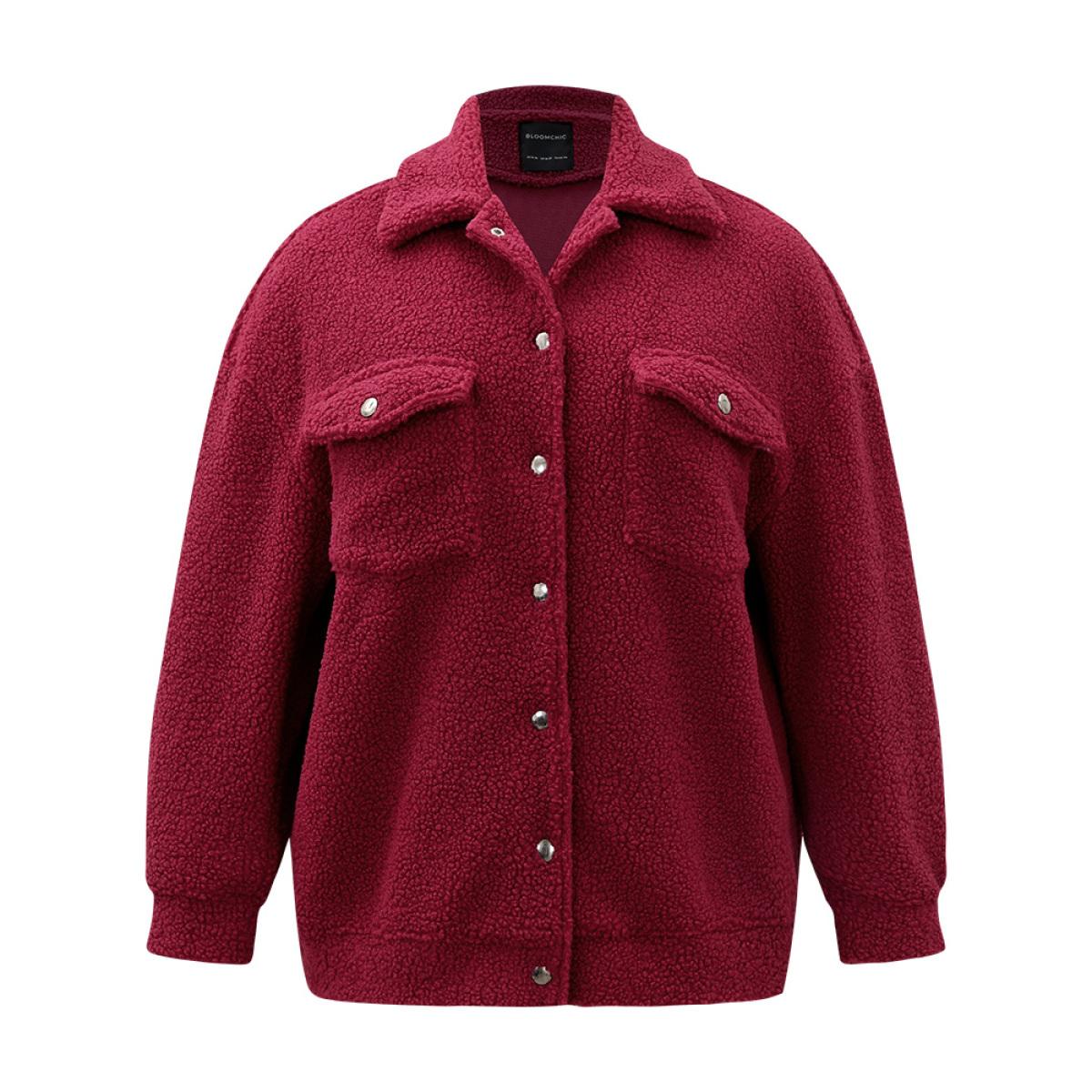 Plus Size Fuzzy Solid Flap Pocket Button Fly Coat Women Russet Casual Texture Ladies Everyday Winter Coats BloomChic 22-24/3X Product Image