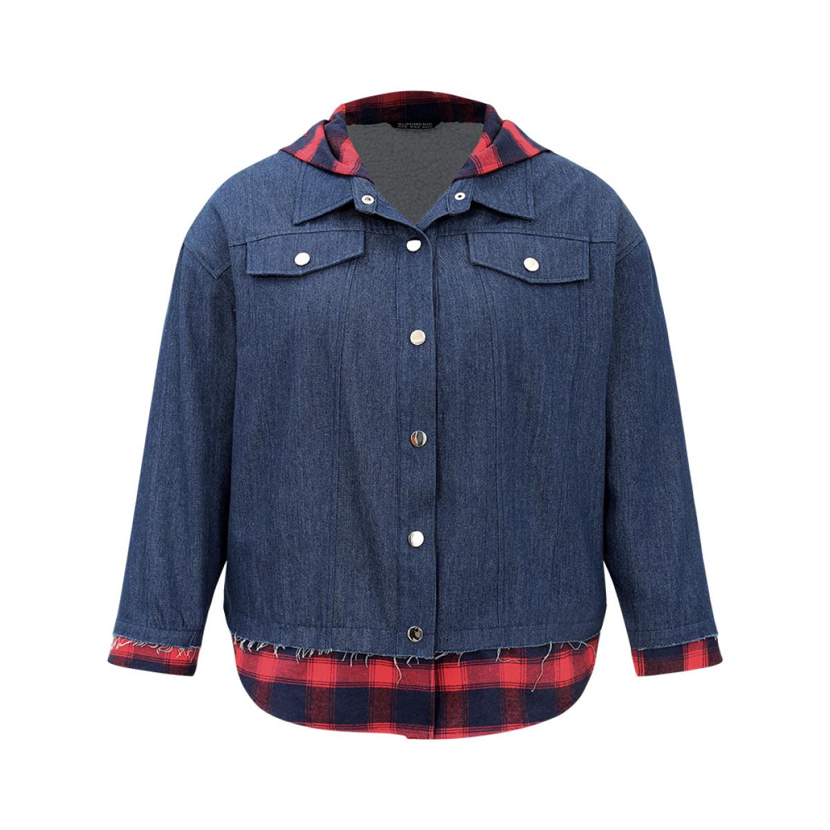 Plus Size Denim Plaid Patchwork Contrast Hooded Jacket Women Navy Casual Contrast Ladies Dailywear Winter Coats BloomChic 18-20/2X Product Image