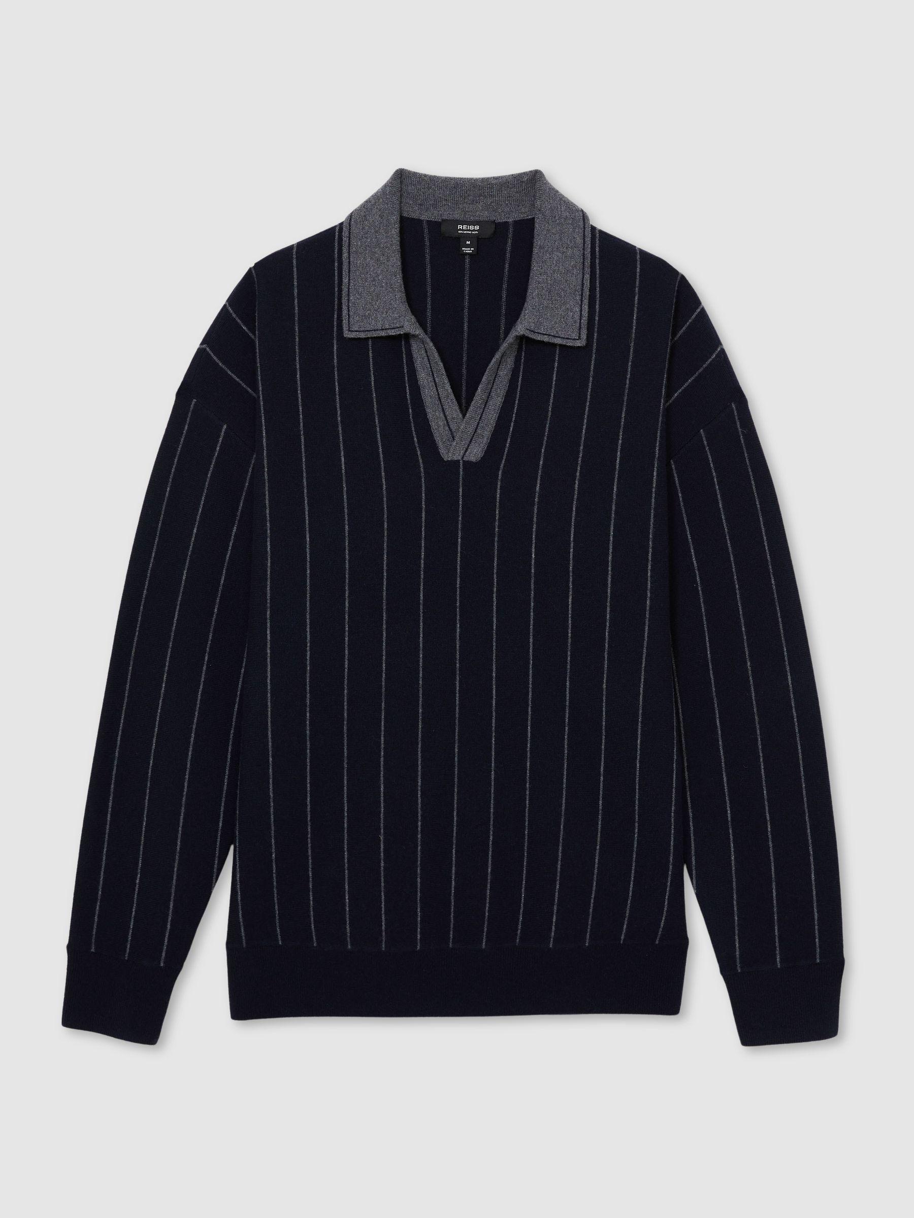 Wool Open-Collar Stripe Polo Shirt in Navy Product Image