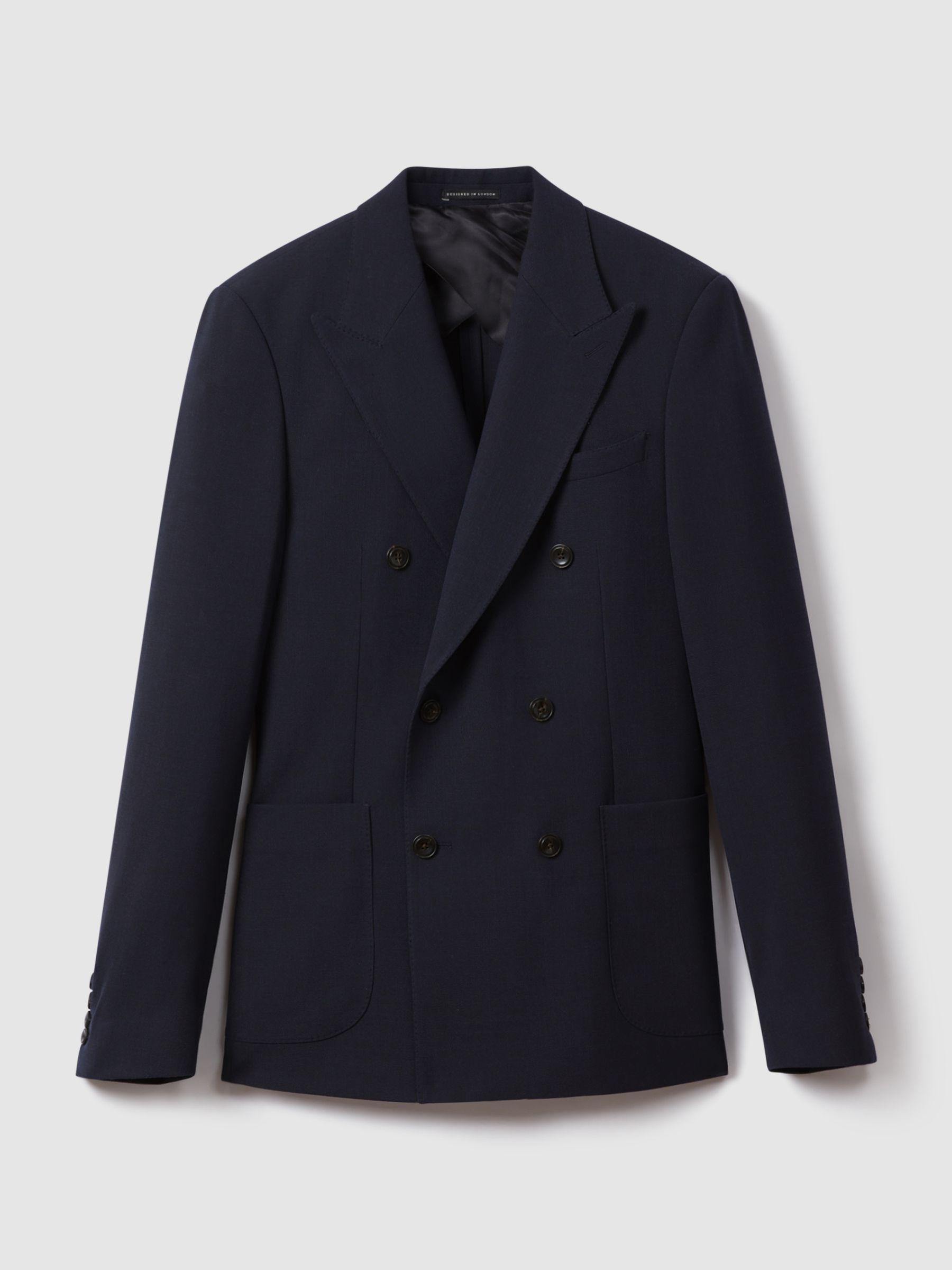 Double-Breasted Textured Suit Blazer Slim-Fit With Wool in Navy Product Image