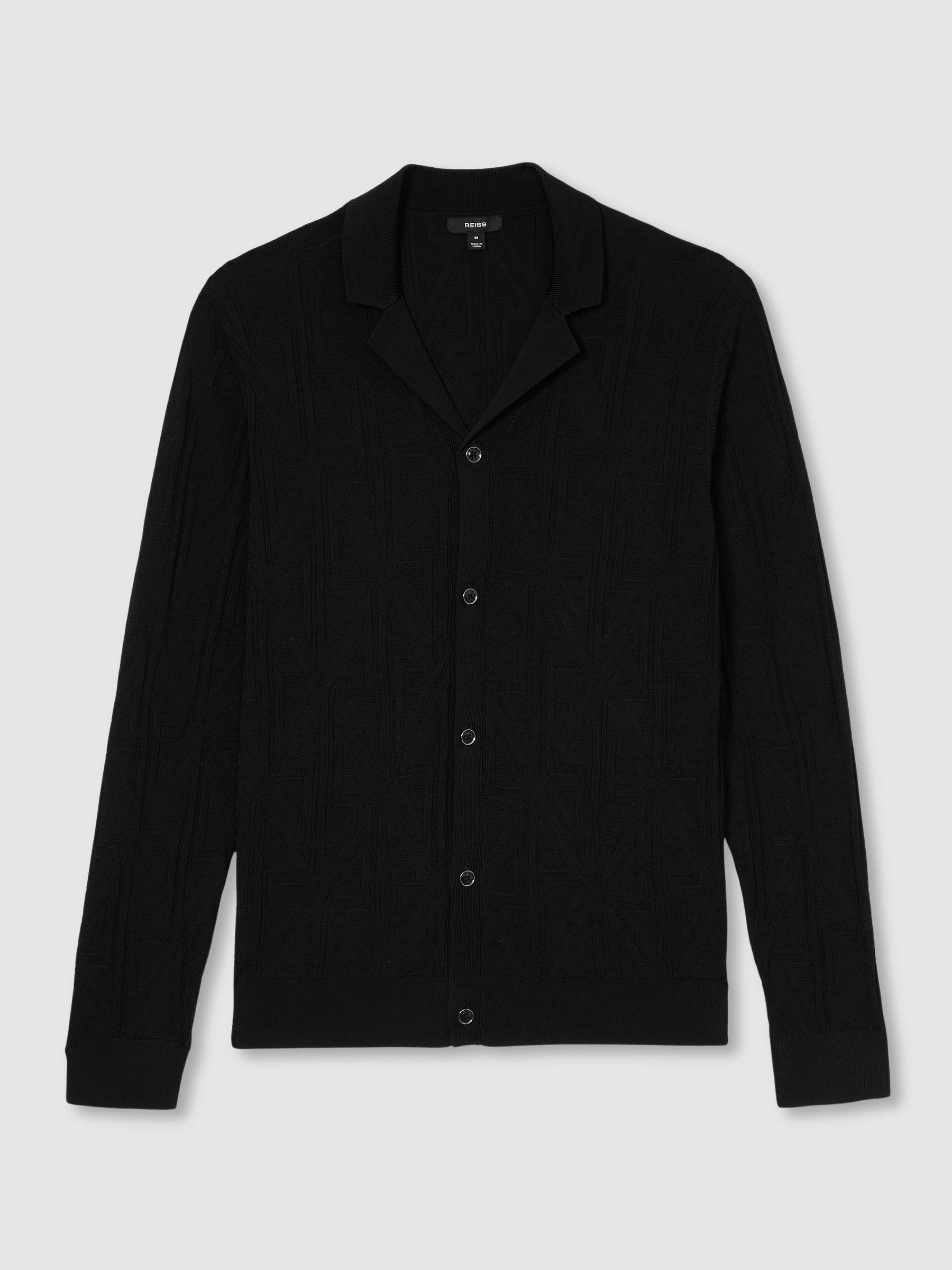 Jacquard Cuban-Collar Button-Through Shirt in Black Product Image