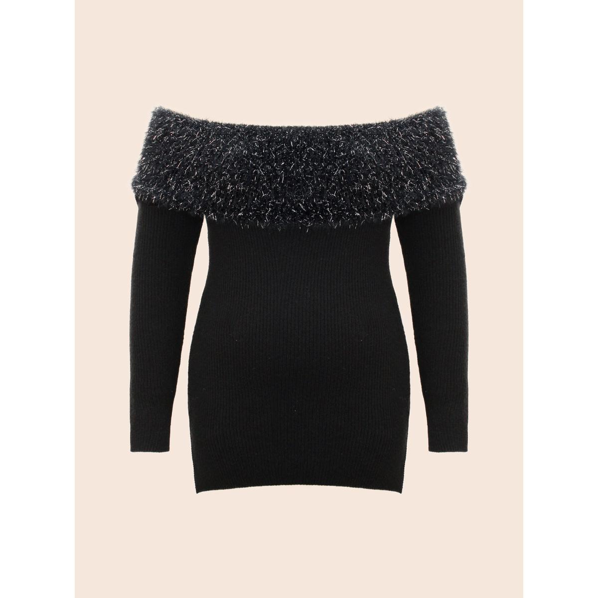 Plus Size Off-Shoulder Silver Threads Detailing Pullover Black Women Cocktail Loose Long Sleeve One-shoulder neck Party Pullovers BloomChic 14-16/1X Product Image