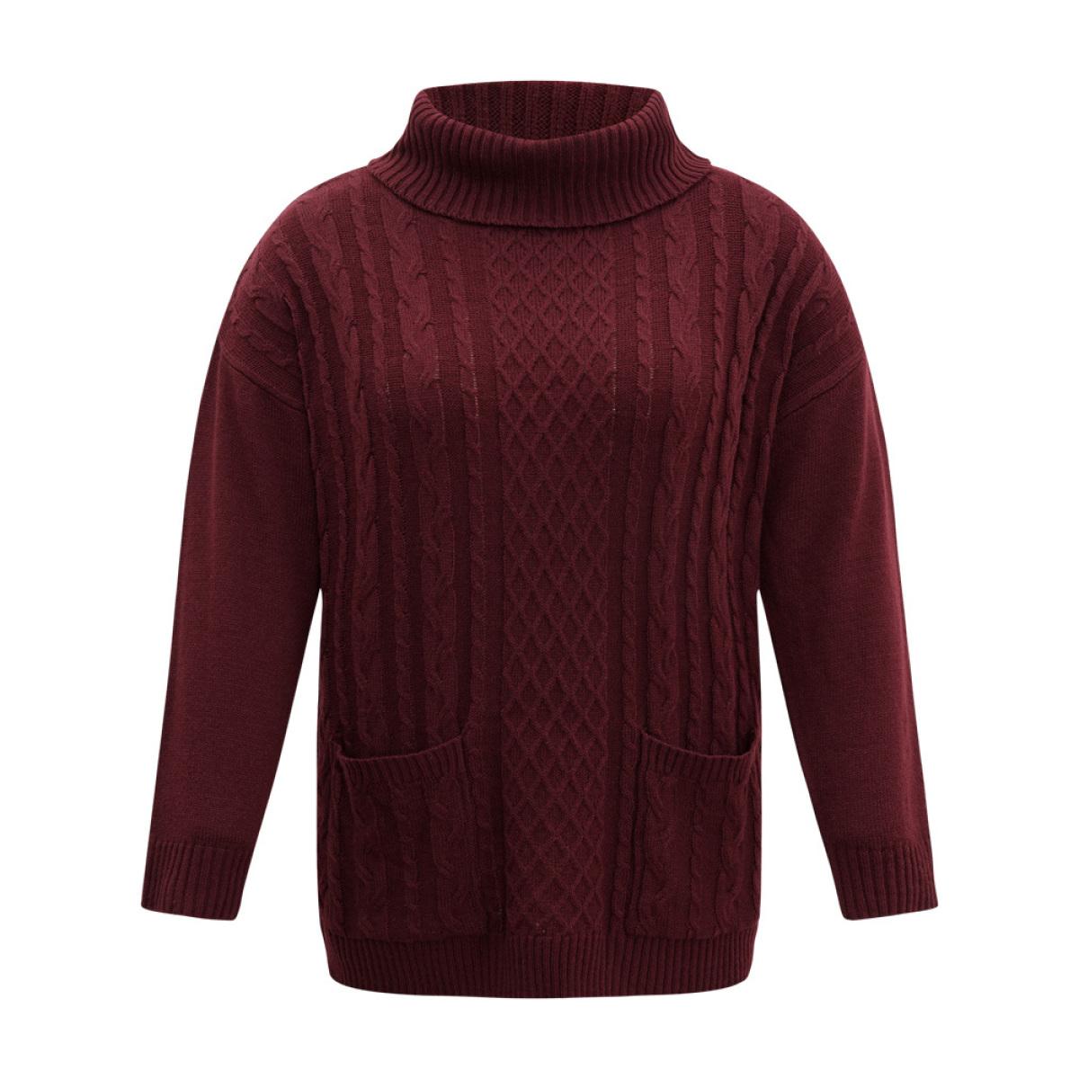 Plus Size Cable Knit Patched Pocket Turtle Neck Pullover Burgundy Women Casual Loose Long Sleeve Turtleneck Dailywear Pullovers BloomChic 28/5X Product Image