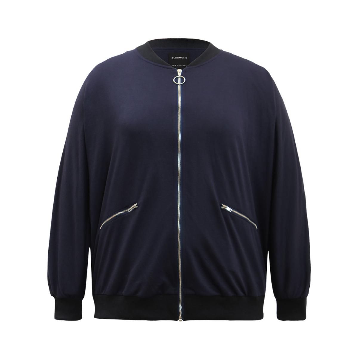 Plus Size Solid O Ring Zipper Pocket Feather Bomber Jacket Women Midnight Elastic cuffs Pocket Everyday Jackets BloomChic 22-24/3X Product Image