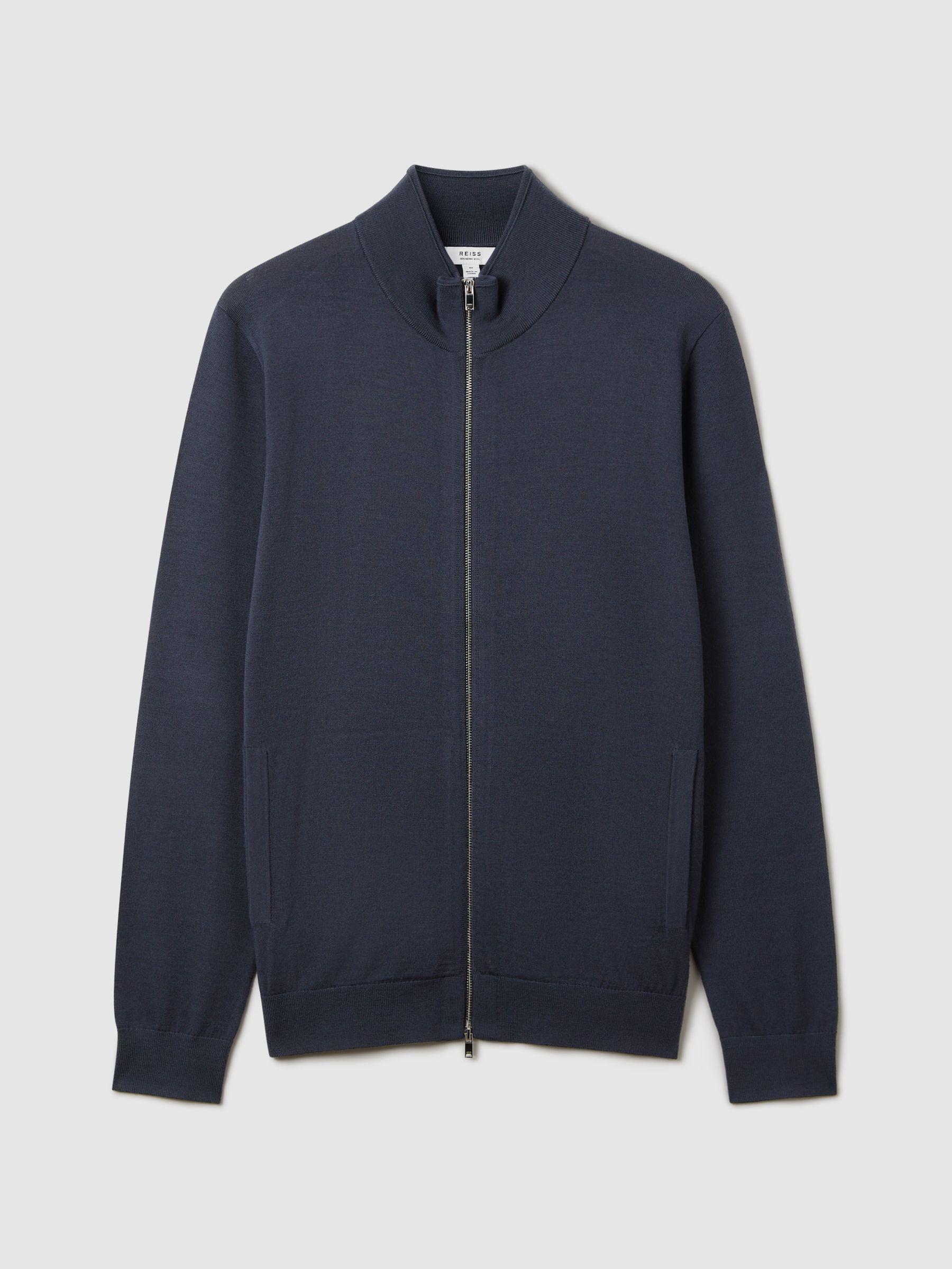 Merino Wool Funnel-Neck Cardigan in Blue Smoke Product Image