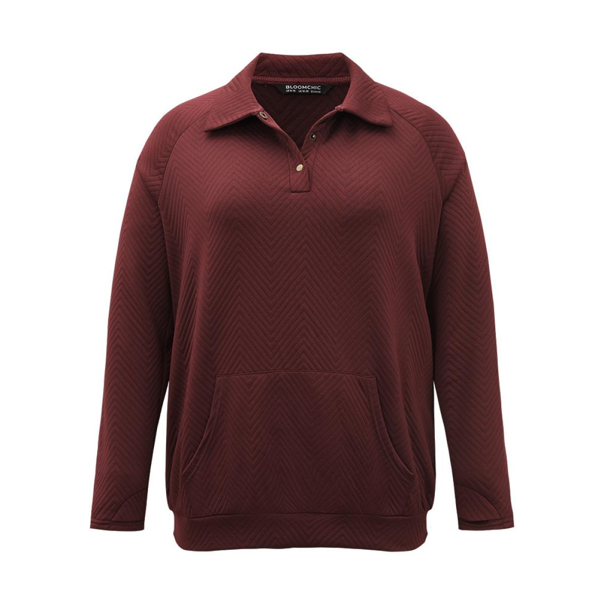 Plus Size Solid Plisse Pocket Button Up Sweatshirt Women Burgundy Casual Texture Polo Dailywear Sweatshirts BloomChic 22-24/3X Product Image