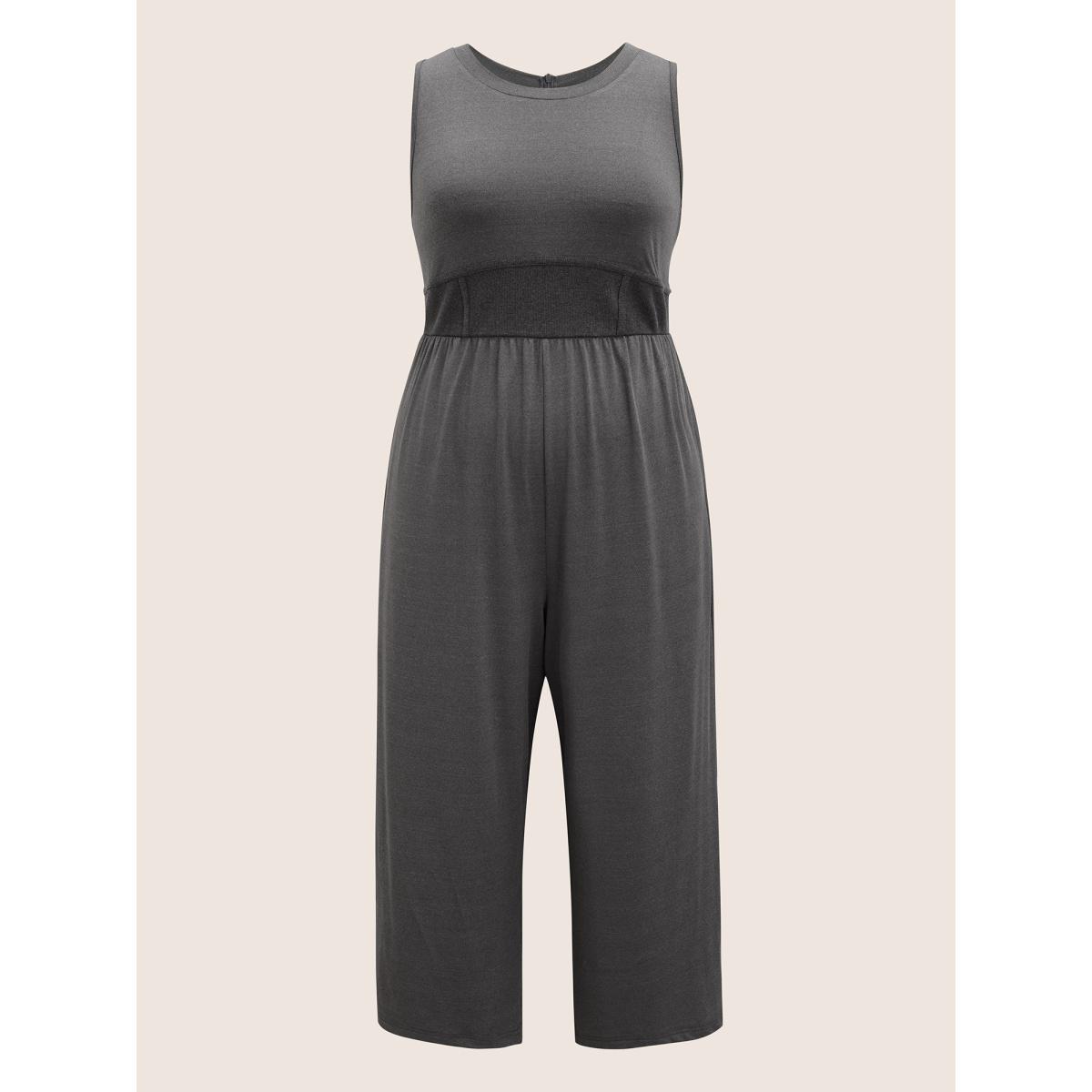 Plus Size DimGray Rib Knit Patchwork Wide Leg Jumpsuit Women Casual Short sleeve Round Neck Everyday Loose Jumpsuits BloomChic 30/6X Product Image