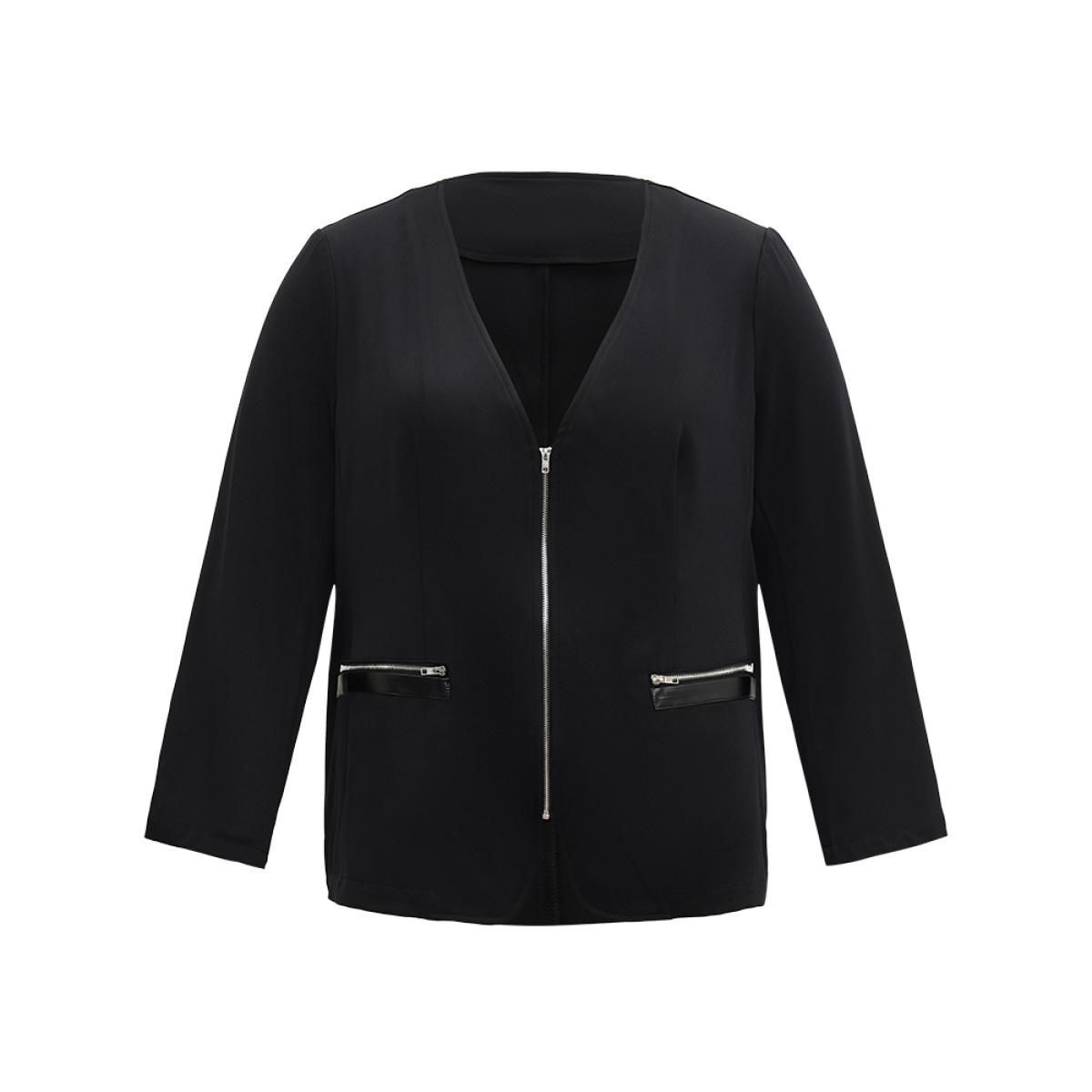 Plus Size Solid Zipper Fly Pocket Blazer Black Women Everyday Plain Plain Sleeve Long Sleeve Open Front 10/M Pocket Casual Blazers BloomChic Product Image