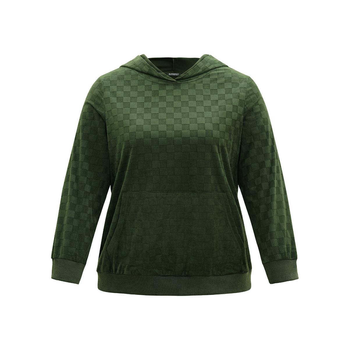 Plus Size Solid Velvet Checkered Hooded Pocket Sweatshirt Women Green Casual Texture Hooded Dailywear Sweatshirts BloomChic 14-16/1X Product Image