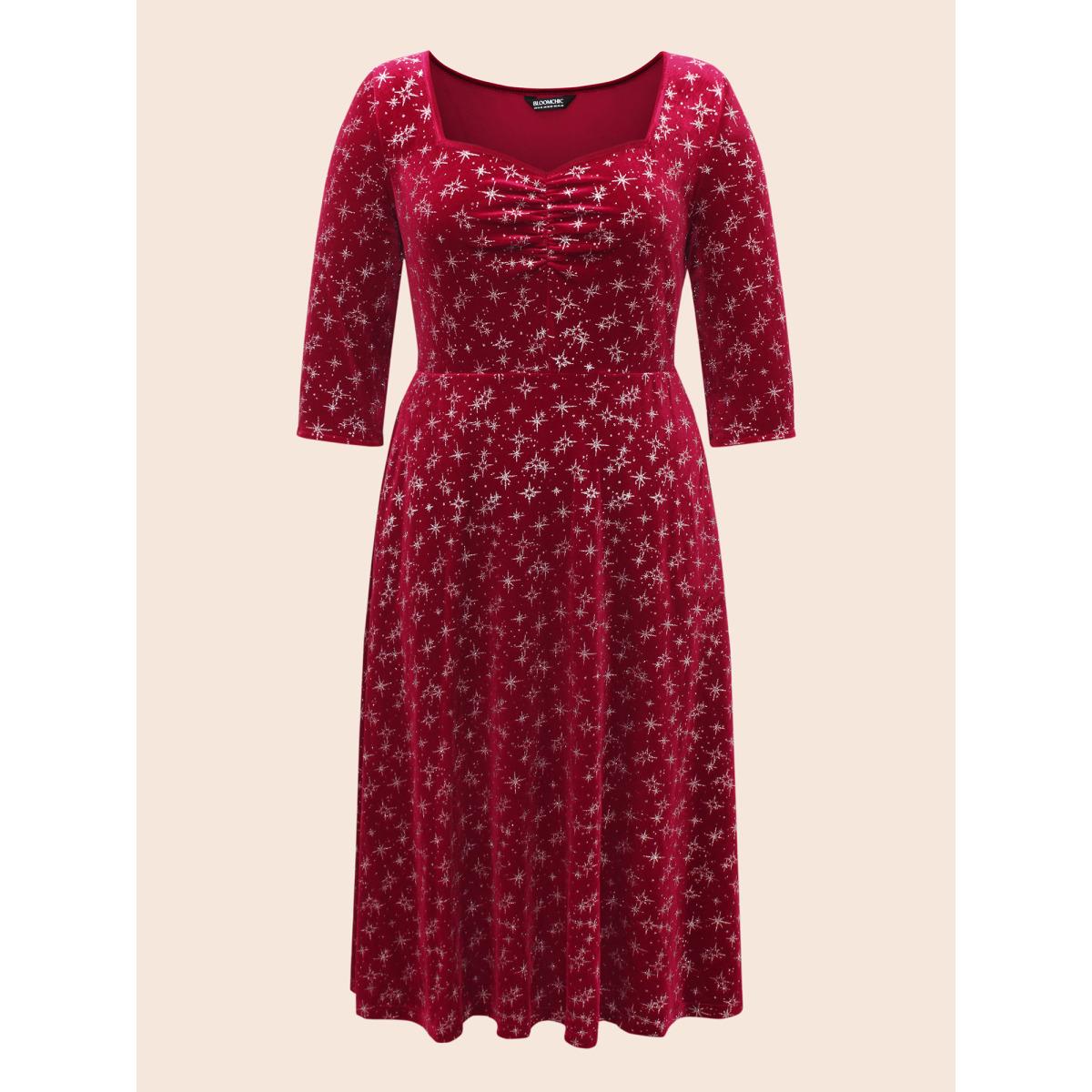 Plus Size Embossed Velvet Sweetheart Neckline Midi Dress Burgundy Women Cocktail Texture Heart neckline Elbow-length sleeve Curvy BloomChic 12/L Product Image