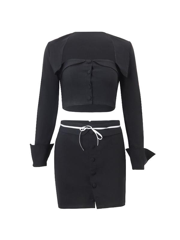 Black Button Bandeau Smock & Mini Skirt Set Product Image