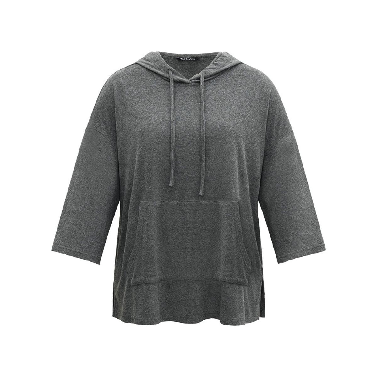 Plus Size Plain Split Side Pocket Hooded Drawstring Sweatshirt Women Gray Casual Plain Hooded Everyday Sweatshirts BloomChic 10/M Product Image