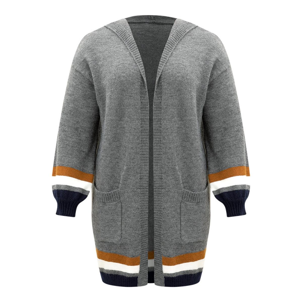 Plus Size Supersoft Essentials Striped Contrast Pocket Hooded Cardigan DimGray Women Casual Loose Long Sleeve Dailywear Cardigans BloomChic 22-24/3X Product Image