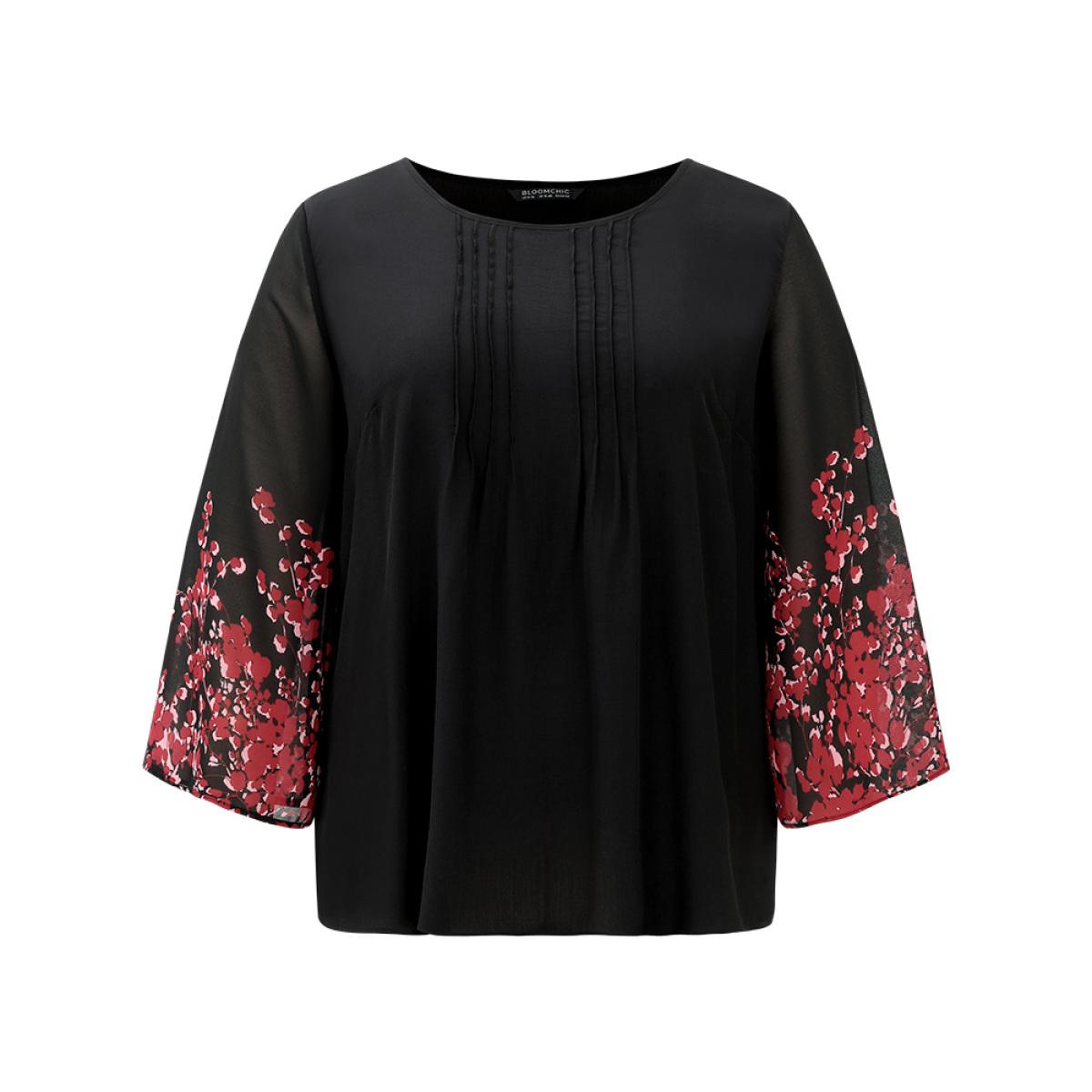 Plus Size Black Boho Print Pleated Mesh Ruffle Sleeve Blouse Women Vacation Long Sleeve Round Neck Dailywear Blouses BloomChic 14-16/1X Product Image