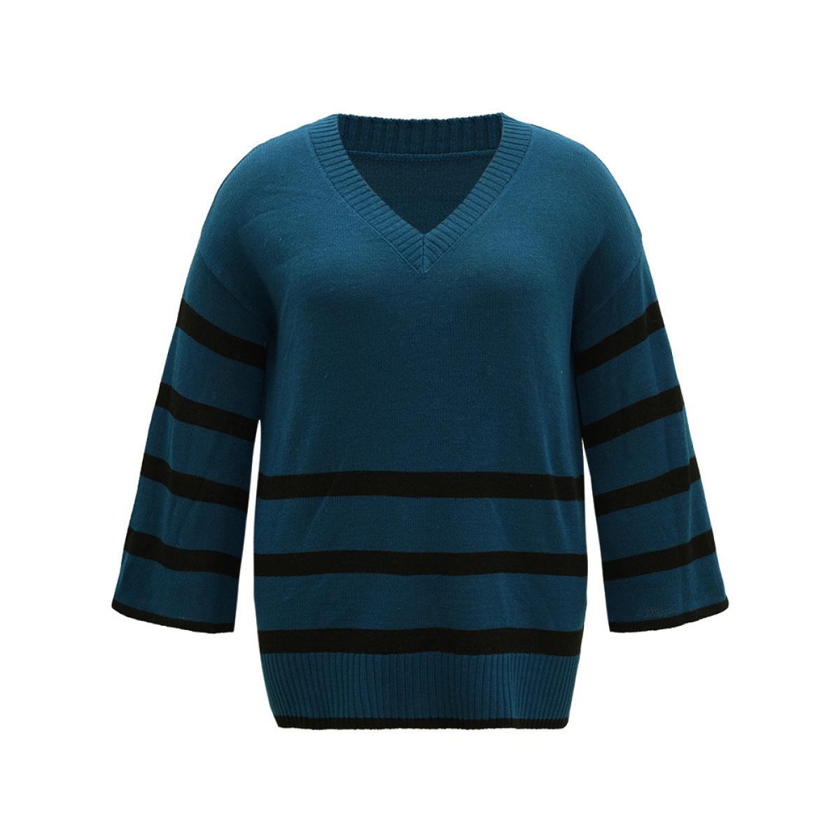 Plus Size Striped Bell Sleeve Moderately Stretchy Pullover Cerulean Women Casual Loose Long Sleeve V-neck Dailywear Pullovers BloomChic 18-20/2X Product Image