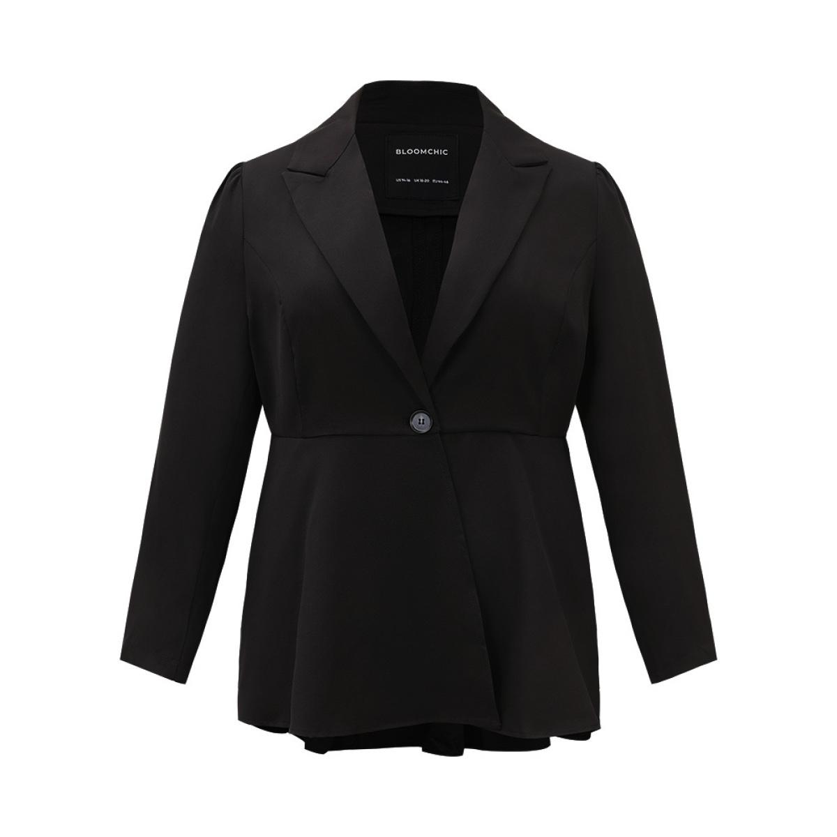 Plus Size Plain Button Up Ruffles Blazer Black Women Work Plain Plain Sleeve Long Sleeve Suit Collar 10/M Office Blazers BloomChic Product Image