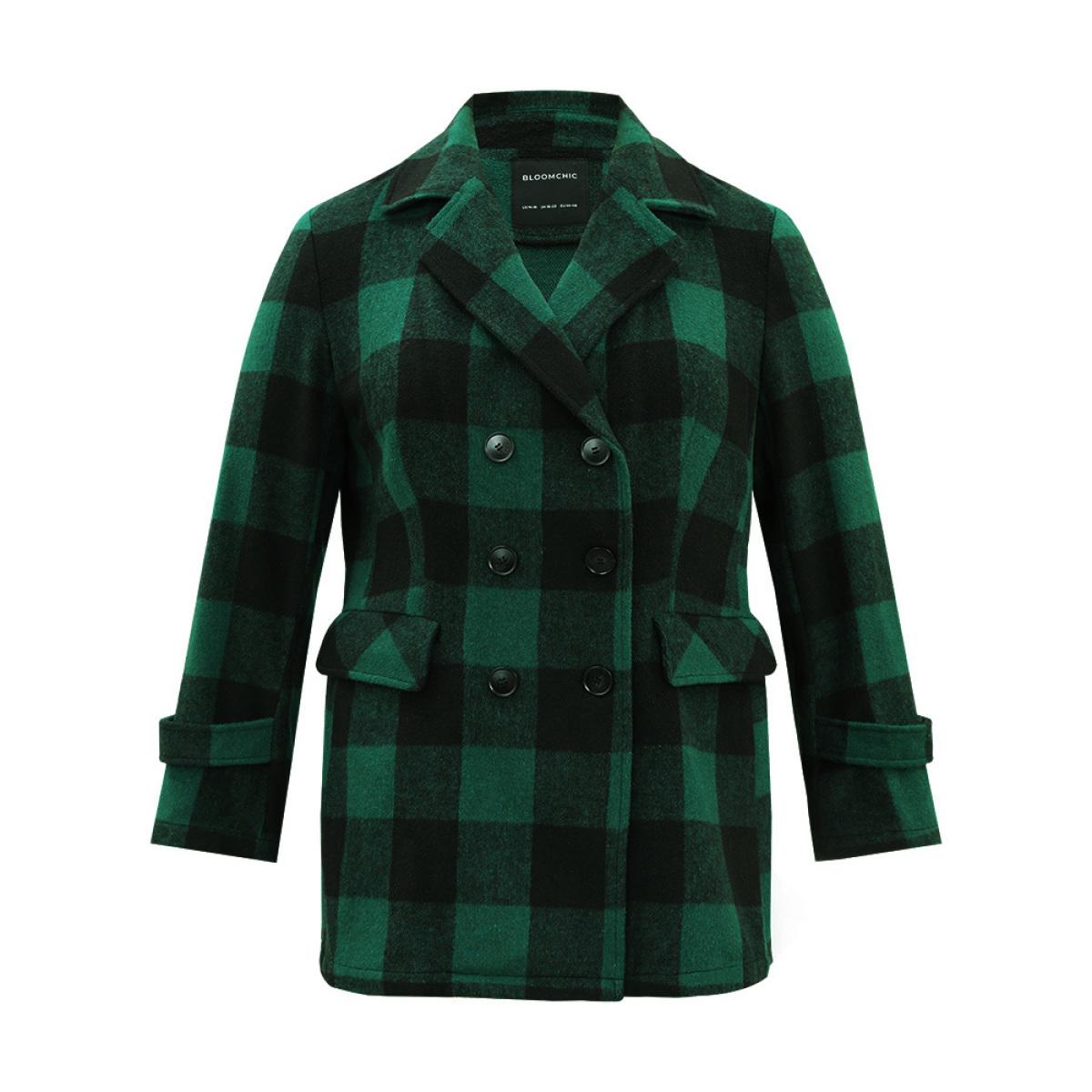 Plus Size Plaid Lapel Collar Flap Detail Double Breasted Coat Women DarkGreen Casual Contrast Ladies Dailywear Winter Coats BloomChic 28/5X Product Image