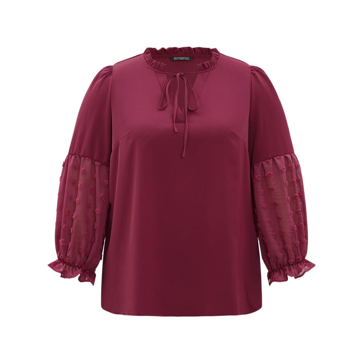 Plus Size Purple Anti-Wrinkle Plain Knot Neck Frill Trim Lantern Sleeve Blouse Women Casual Long Sleeve Tie Neck Everyday Blouses BloomChic 28/5X Product Image