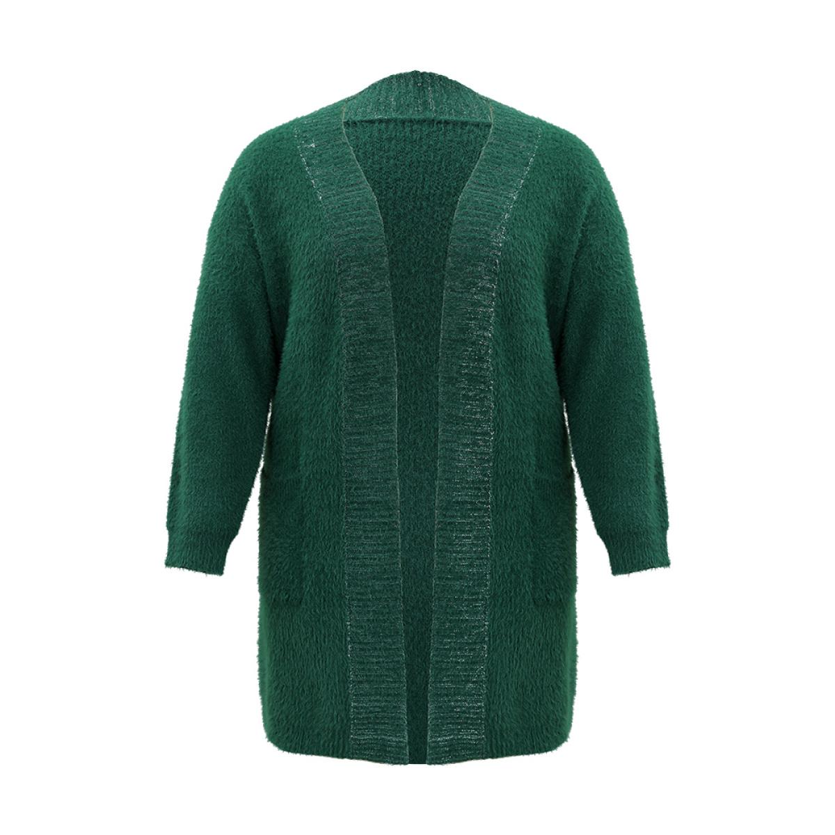 Plus Size Lurex Fuzzy Patched Pocket Tunic Cardigan DarkGreen Women Casual Loose Long Sleeve Dailywear Cardigans BloomChic 10/M Product Image