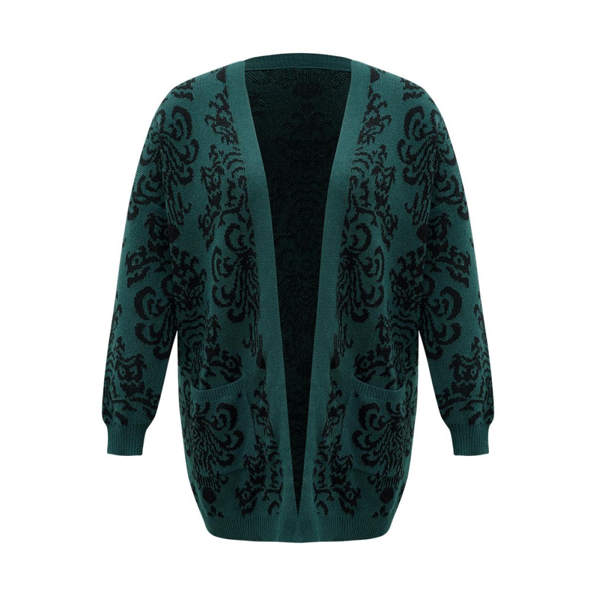 Plus Size Supersoft Essentials Floral Pocket Contrast Cardigan DarkGreen Women Casual Loose Long Sleeve Dailywear Cardigans BloomChic 30/6X Product Image
