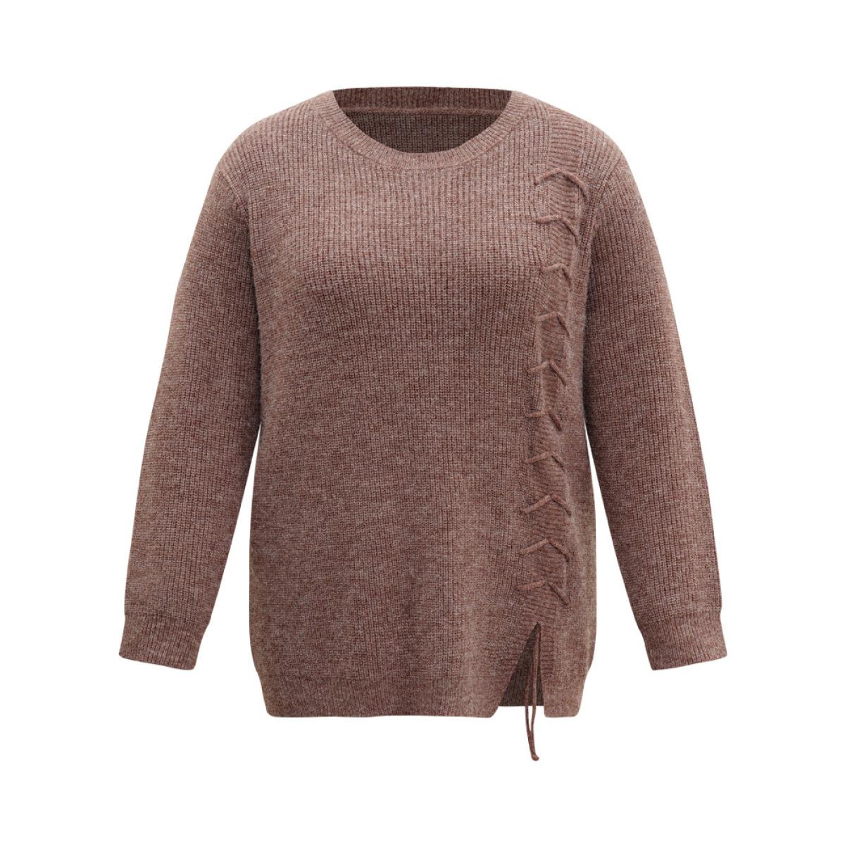 Plus Size Supersoft Essentials Heather Drawstring Ties Pullover DarkBrown Women Casual Loose Long Sleeve Round Neck Dailywear Pullovers BloomChic 10/M Product Image