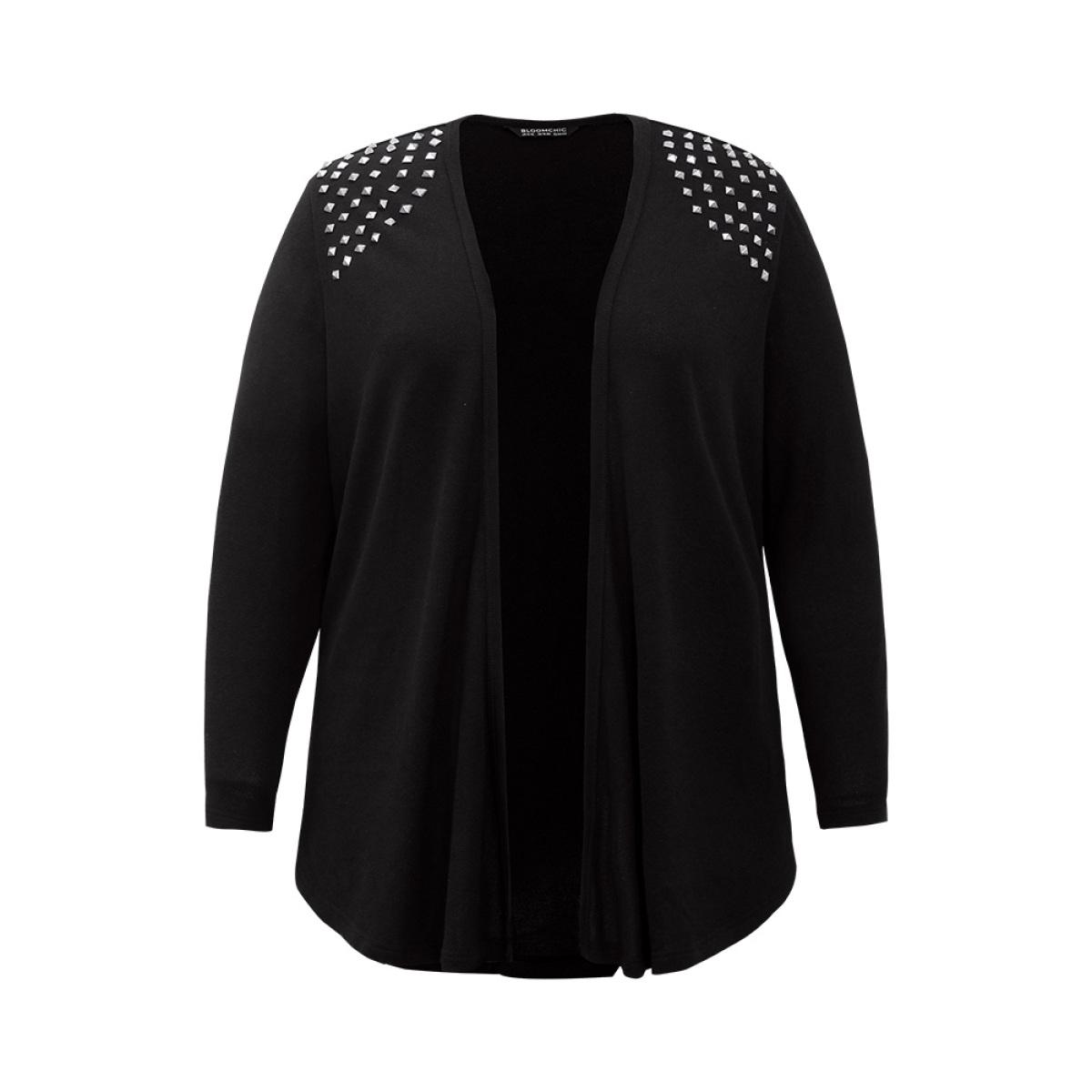 Plus Size Plain Rivets Detail Open Front Asymmetrical Hem Kimono Women Black Work From Home Texture Work Kimonos BloomChic 12/L Product Image