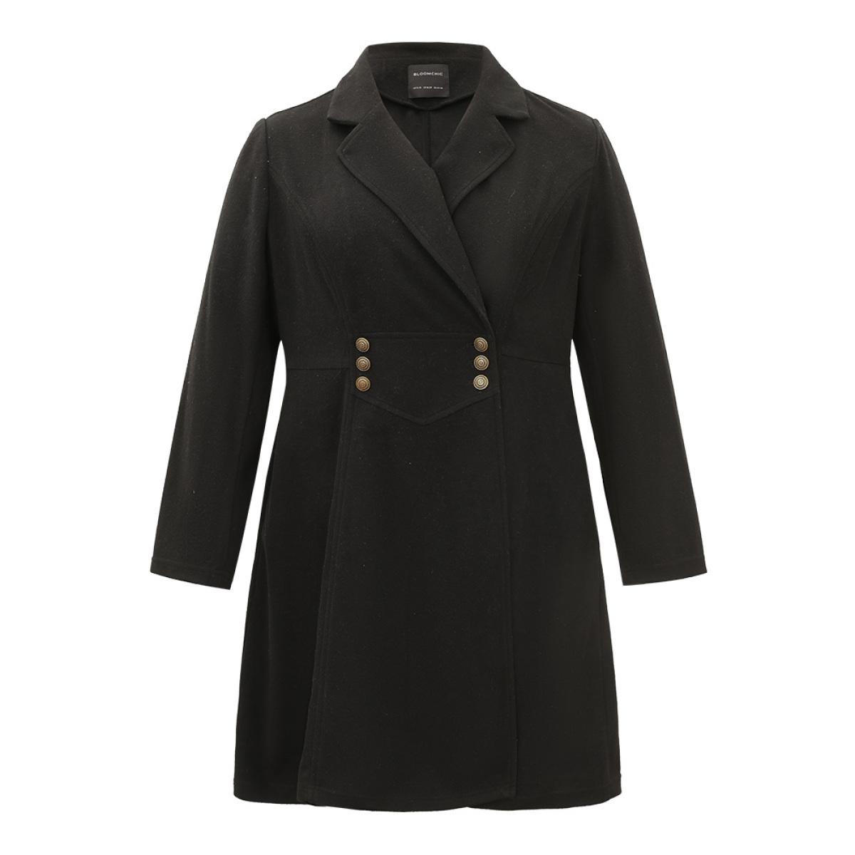 Plus Size Solid Lapel Collar Double Breasted Coat Women Black Office Plain Ladies Office Winter Coats BloomChic 12/L Product Image