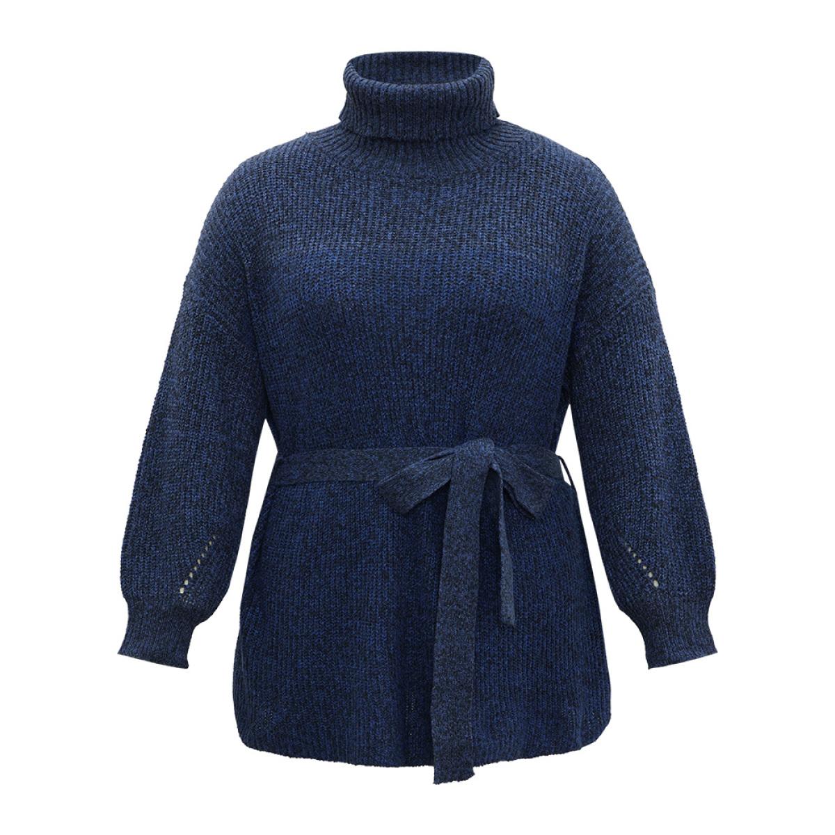 Plus Size Turtle Neck Belted Drop Shoulder Pullover Navy Women Casual Loose Long Sleeve Lapel Collar Dailywear Pullovers BloomChic 10/M Product Image