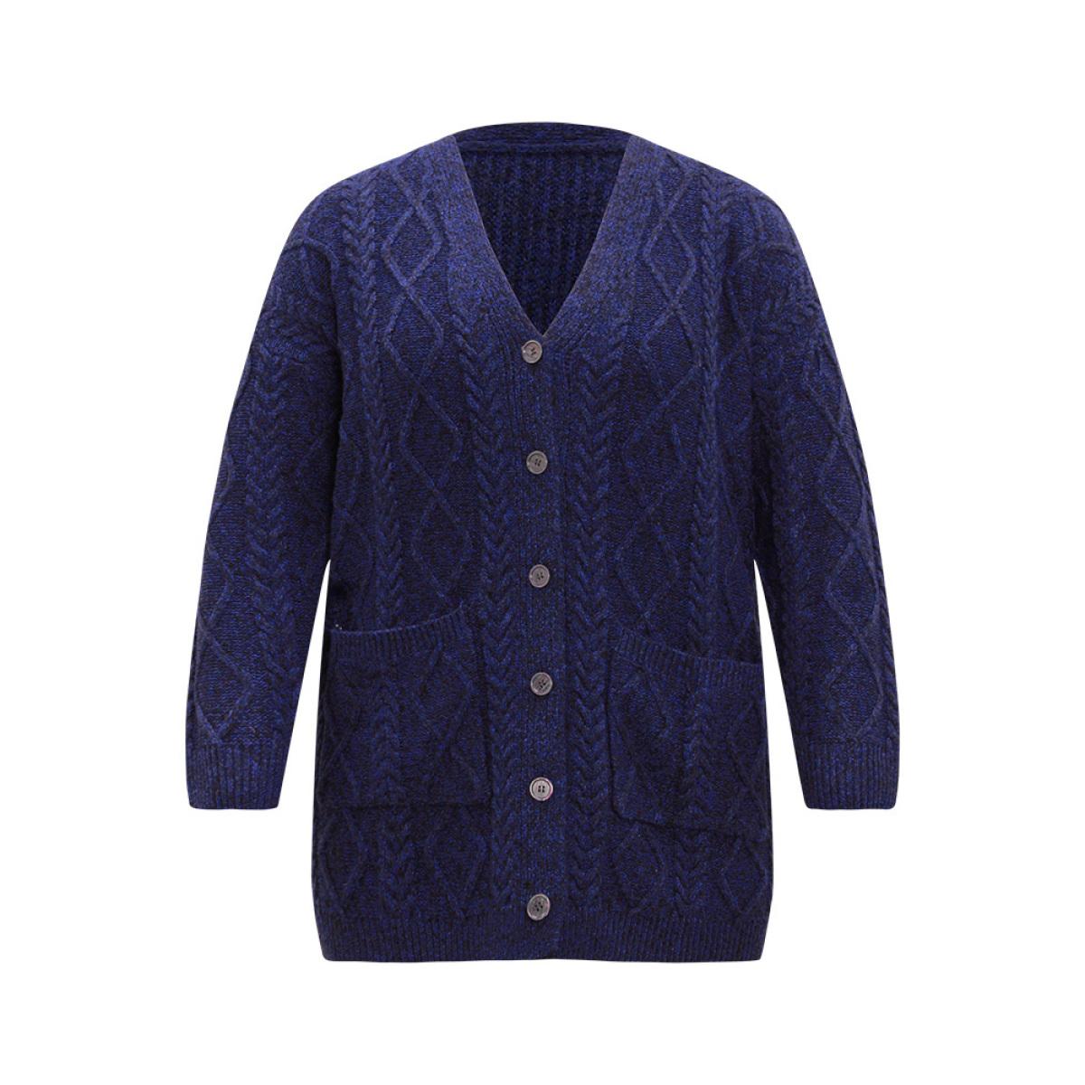 Plus Size Plain Geometric Texture Button Up Cable Knit Cardigan Midnight Women Casual Loose Long Sleeve Dailywear Cardigans BloomChic 14-16/1X Product Image