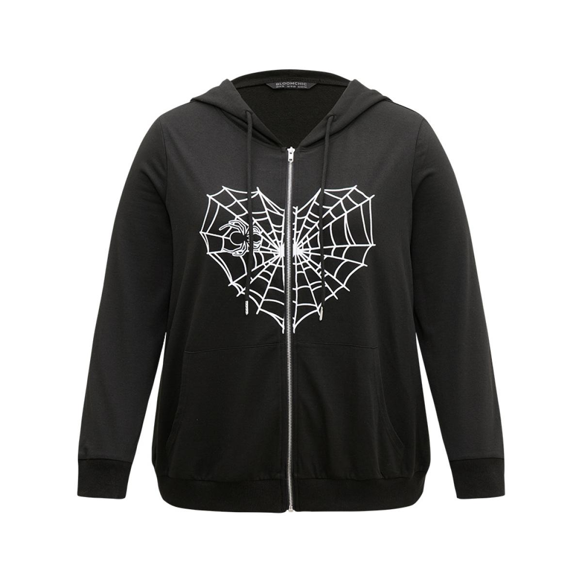 Plus Size Halloween Spider Web Print Pocket Zipper Sweatshirt Women Black Casual Elastic cuffs Festival-Halloween Sweatshirts BloomChic 28/5X Product Image