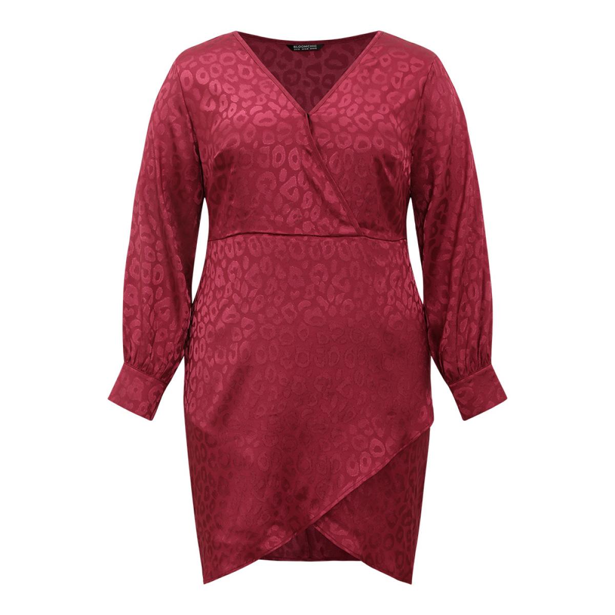 Plus Size Solid V Neck Gathered Wrap Hem Dress Scarlet Women Party Plain V-neck Long Sleeve Curvy Knee Dress BloomChic 18-20/2X Product Image